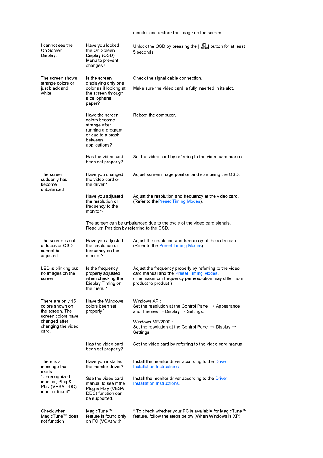 Samsung 225UN quick start Refer to thePreset Timing Modes 