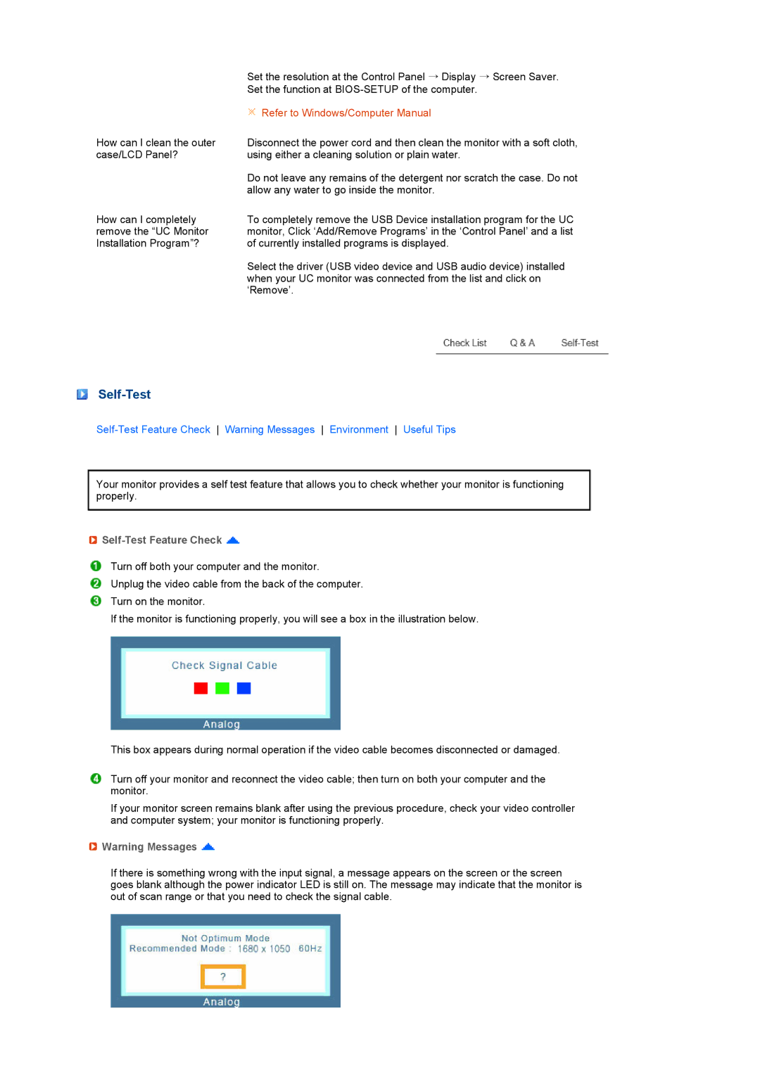 Samsung 225UN quick start Self-Test Feature Check 