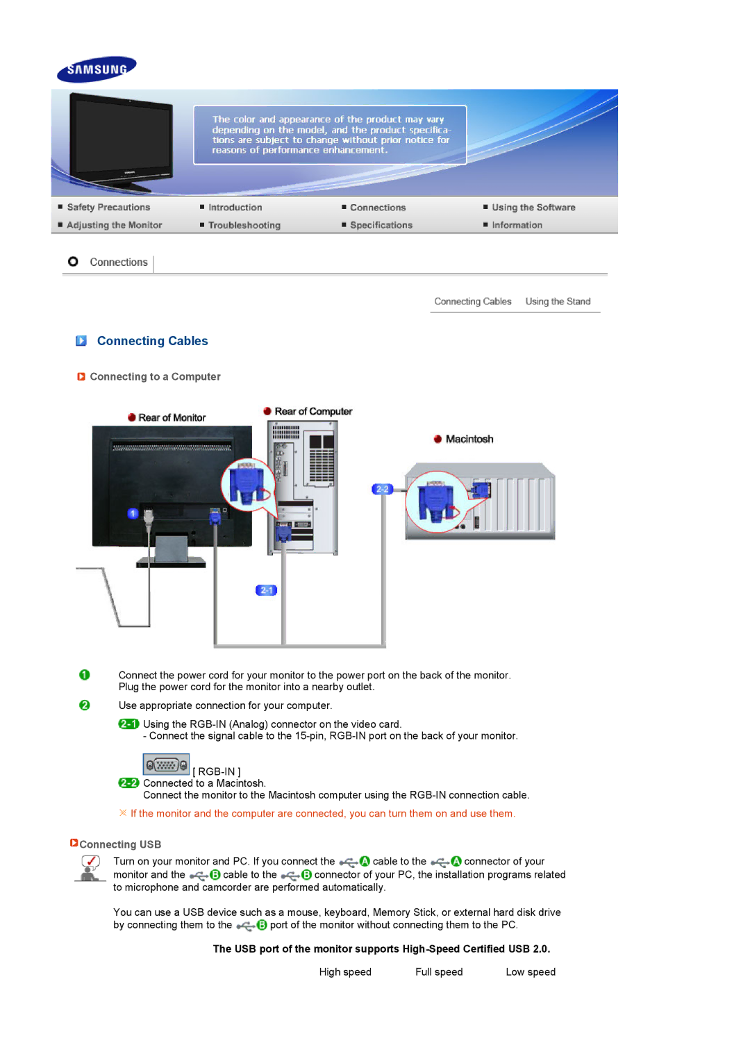 Samsung 225UN quick start Connecting Cables, Connecting to a Computer, Connecting USB 