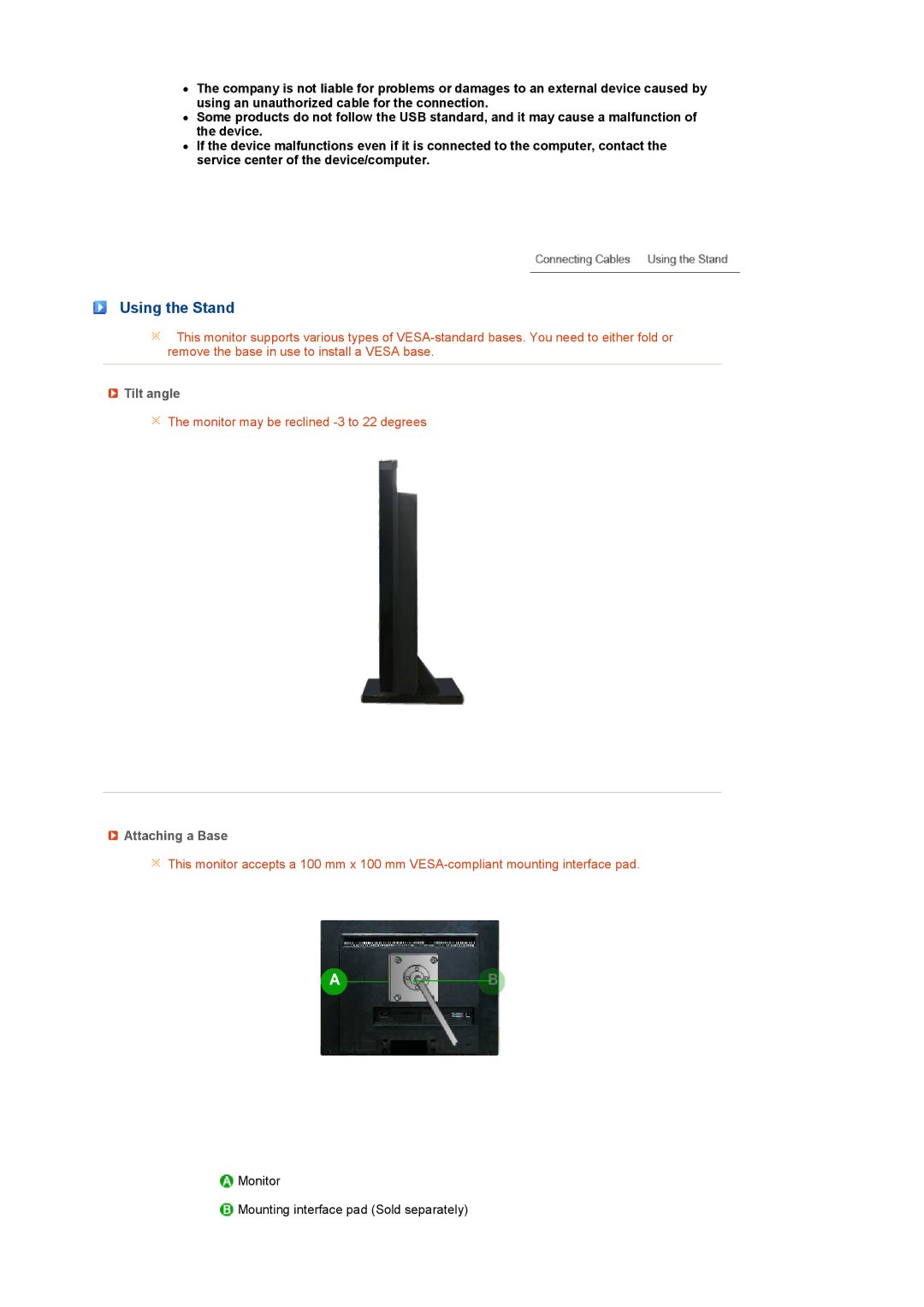 Samsung 225UN quick start Using the Stand, Tilt angle, Attaching a Base 