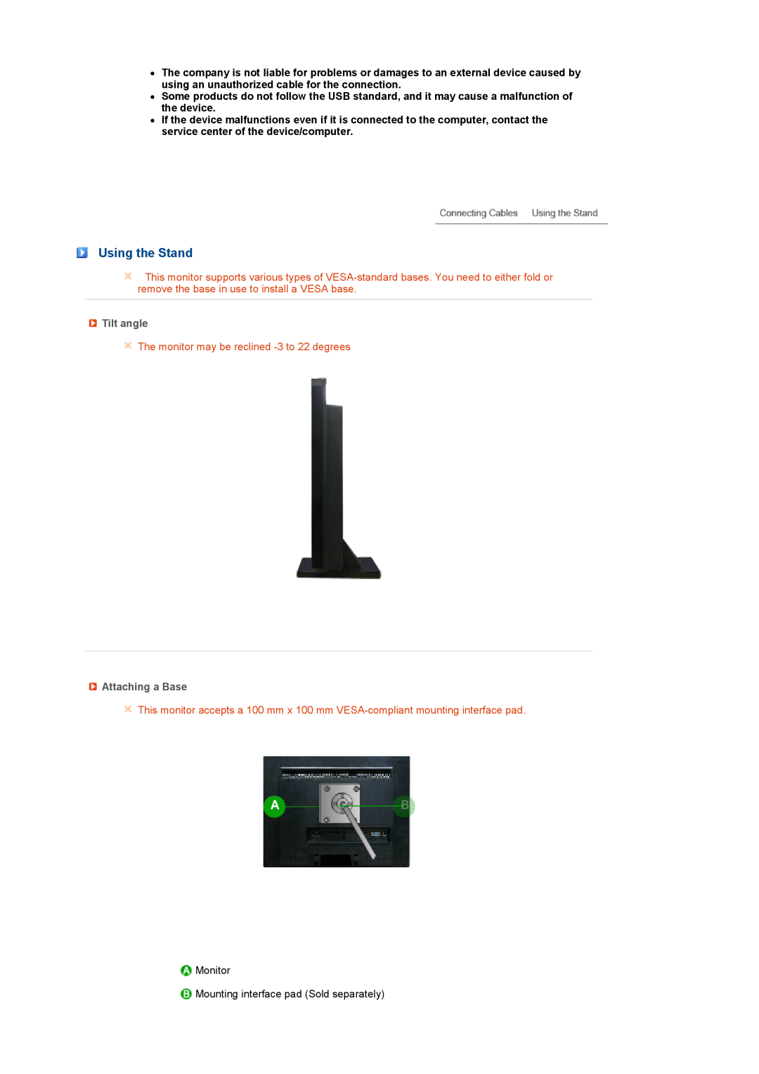 Samsung 225UN quick start Using the Stand, Tilt angle, The monitor may be reclined -3 to 22 degrees, Attaching a Base 