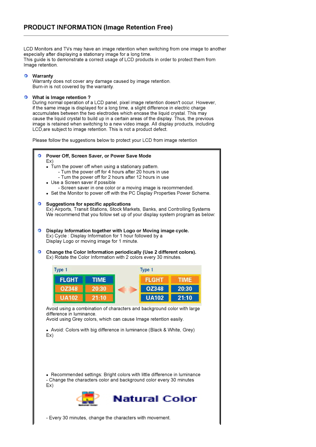 Samsung 225UW manual Product Information Image Retention Free 