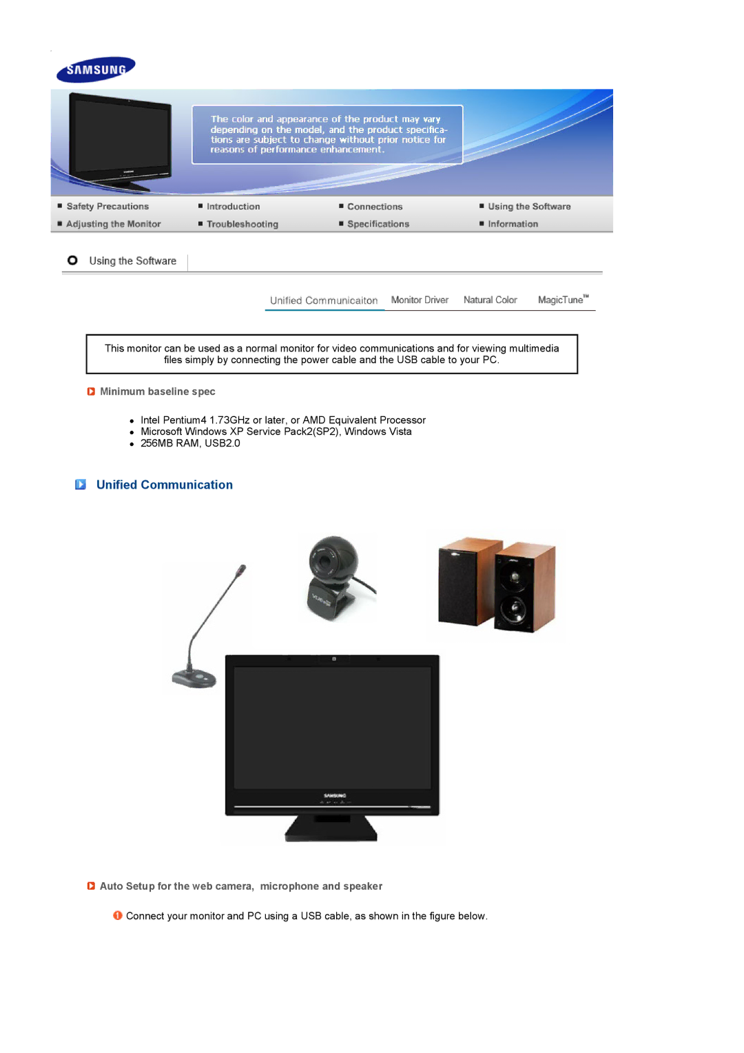 Samsung 225UW manual Unified Communication, Minimum baseline spec, Auto Setup for the web camera, microphone and speaker 