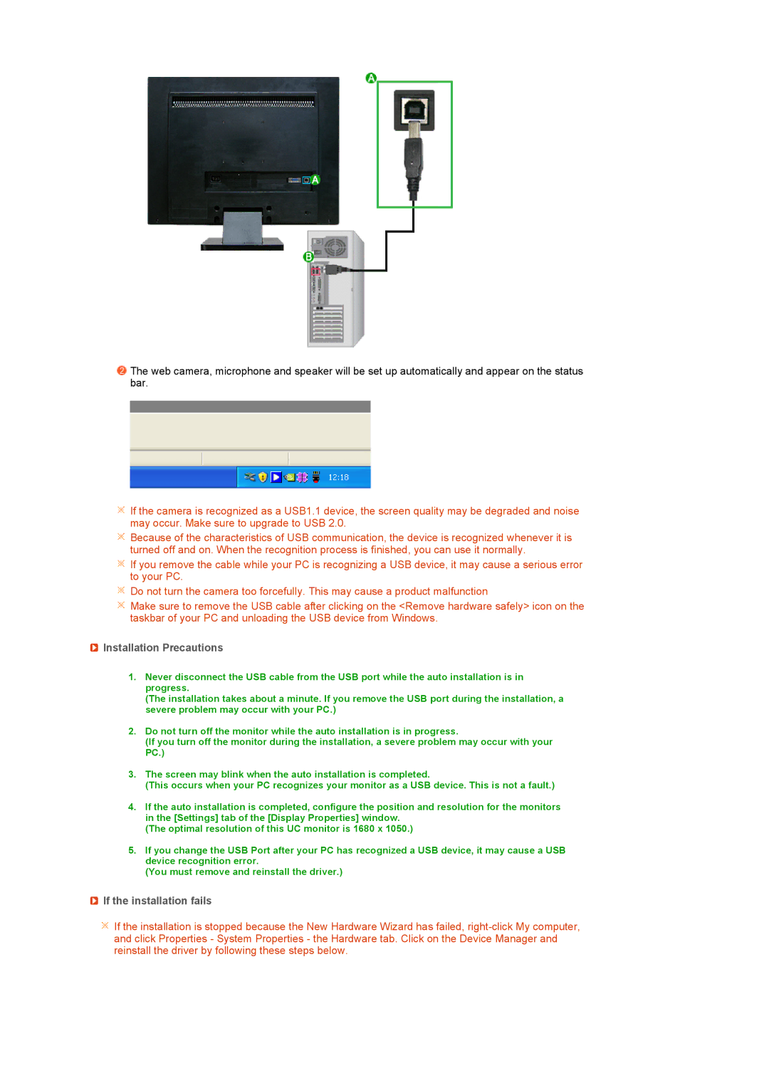 Samsung 225UW manual Installation Precautions, If the installation fails 