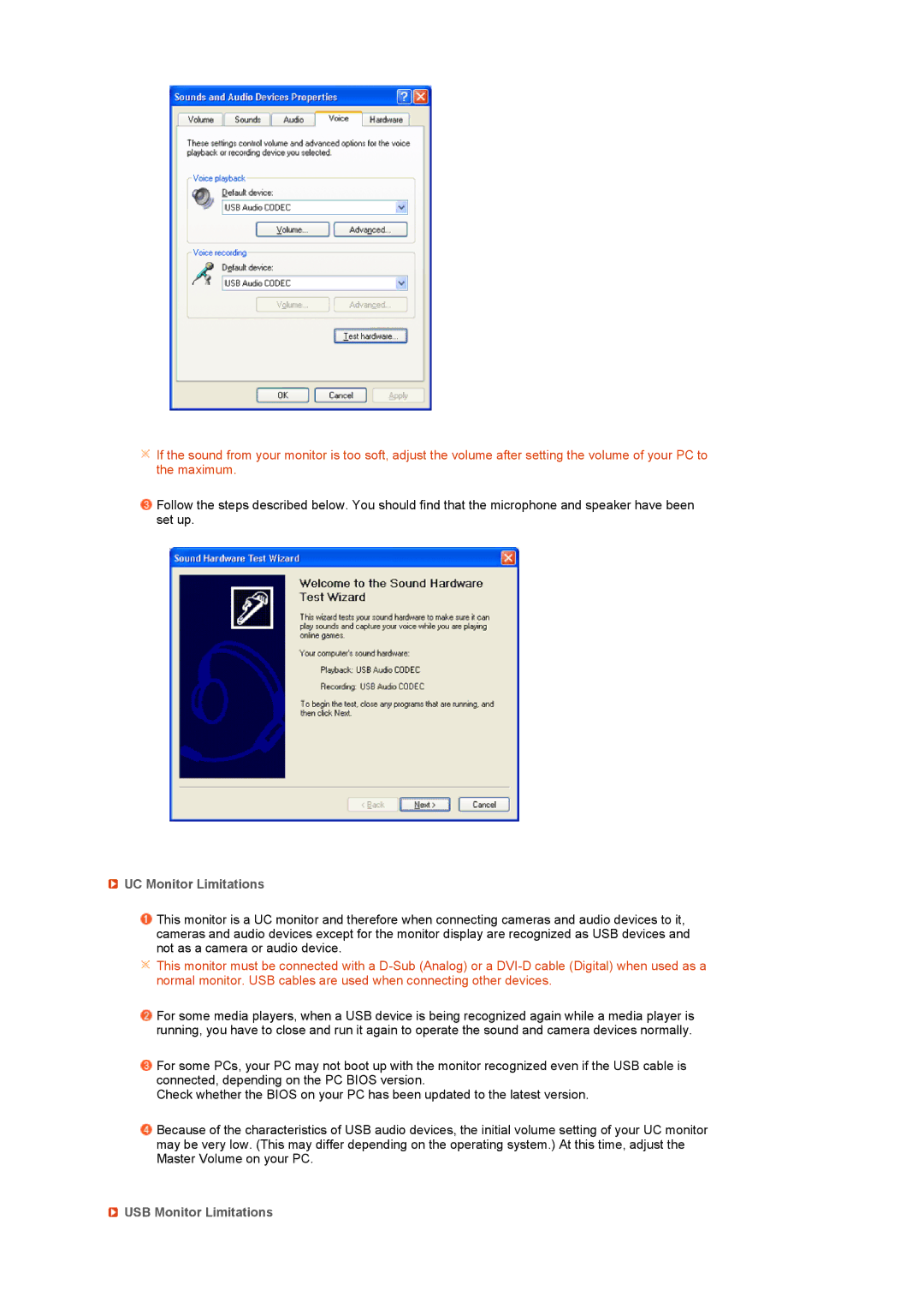 Samsung 225UW manual UC Monitor Limitations, USB Monitor Limitations 