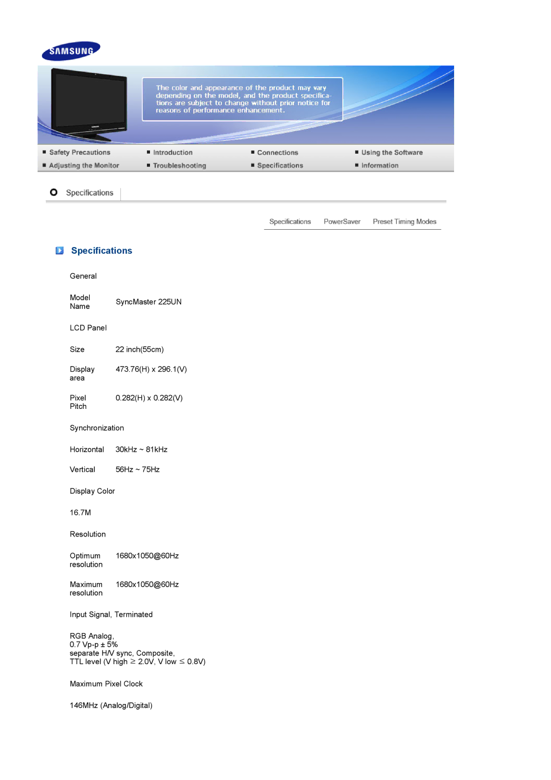 Samsung 225UW manual Specifications 