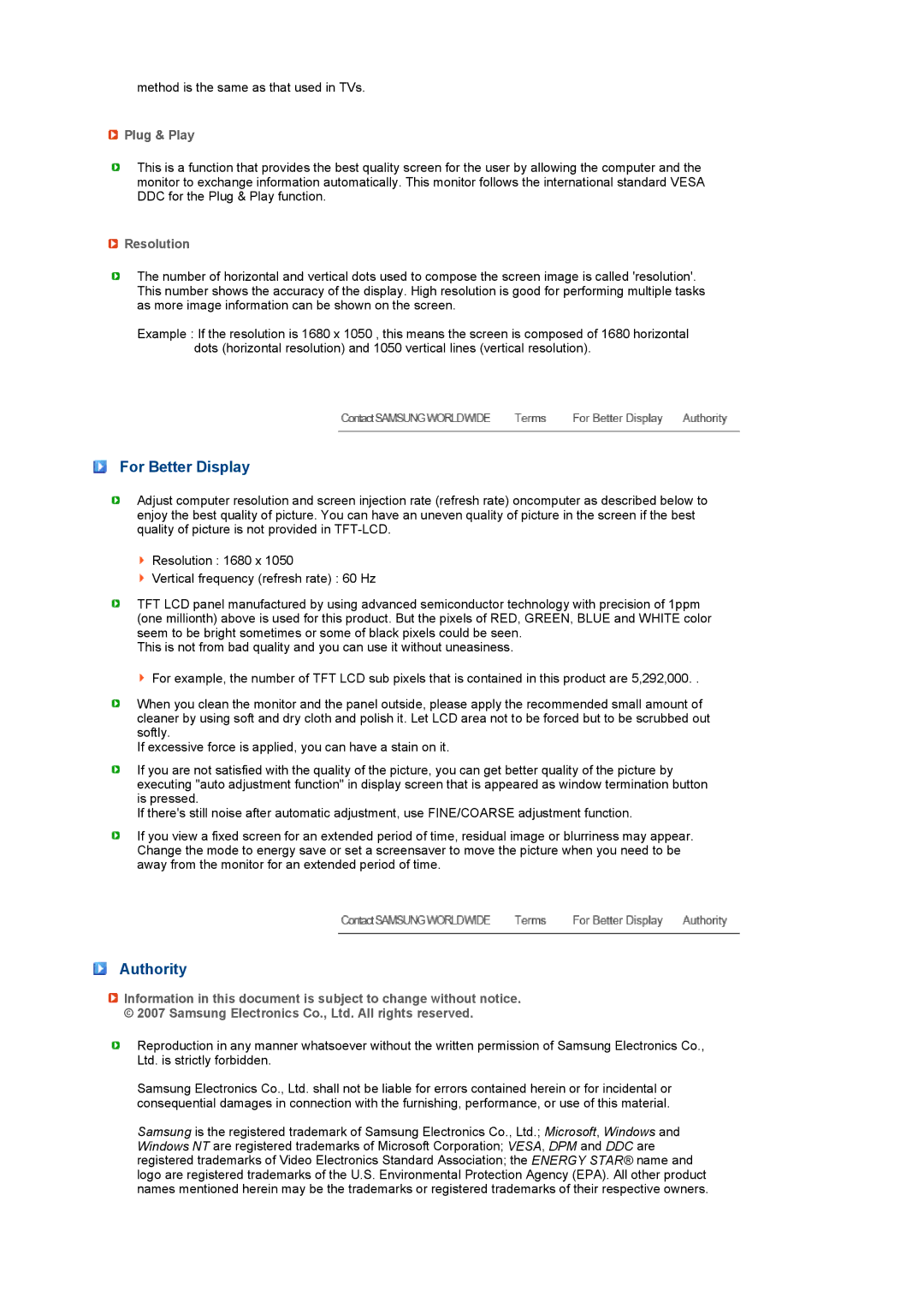 Samsung 225UW manual For Better Display, Authority, Plug & Play, Resolution 