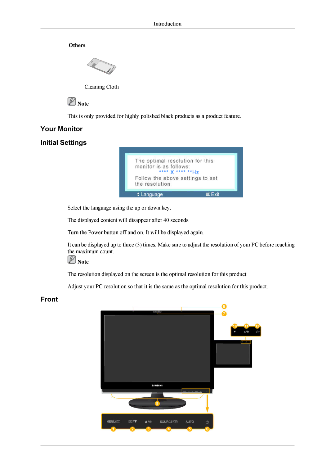 Samsung 2263DX user manual Your Monitor Initial Settings, Front, Others 