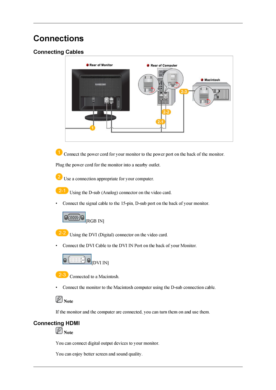 Samsung 2263DX user manual Connections, Connecting Cables, Connecting Hdmi 