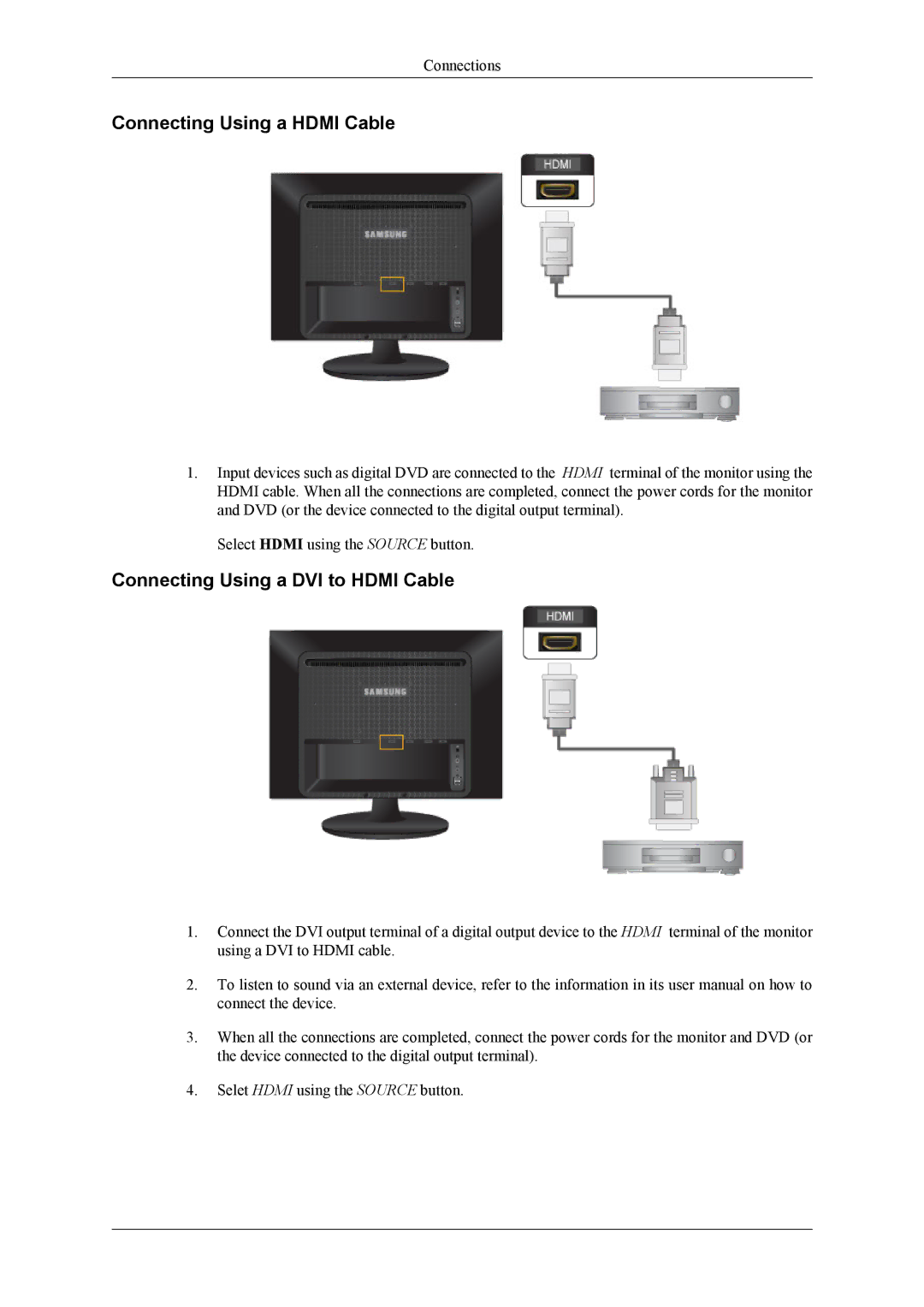 Samsung 2263DX user manual Connecting Using a Hdmi Cable, Connecting Using a DVI to Hdmi Cable 