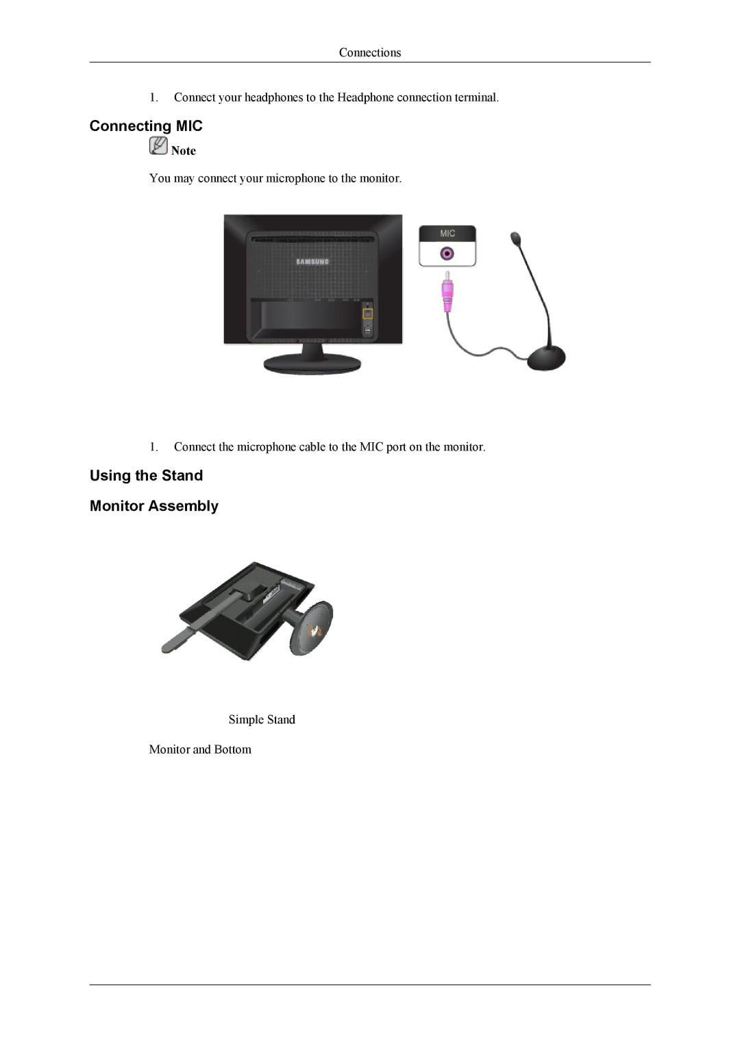 Samsung 2263DX user manual Connecting MIC, Using the Stand Monitor Assembly 