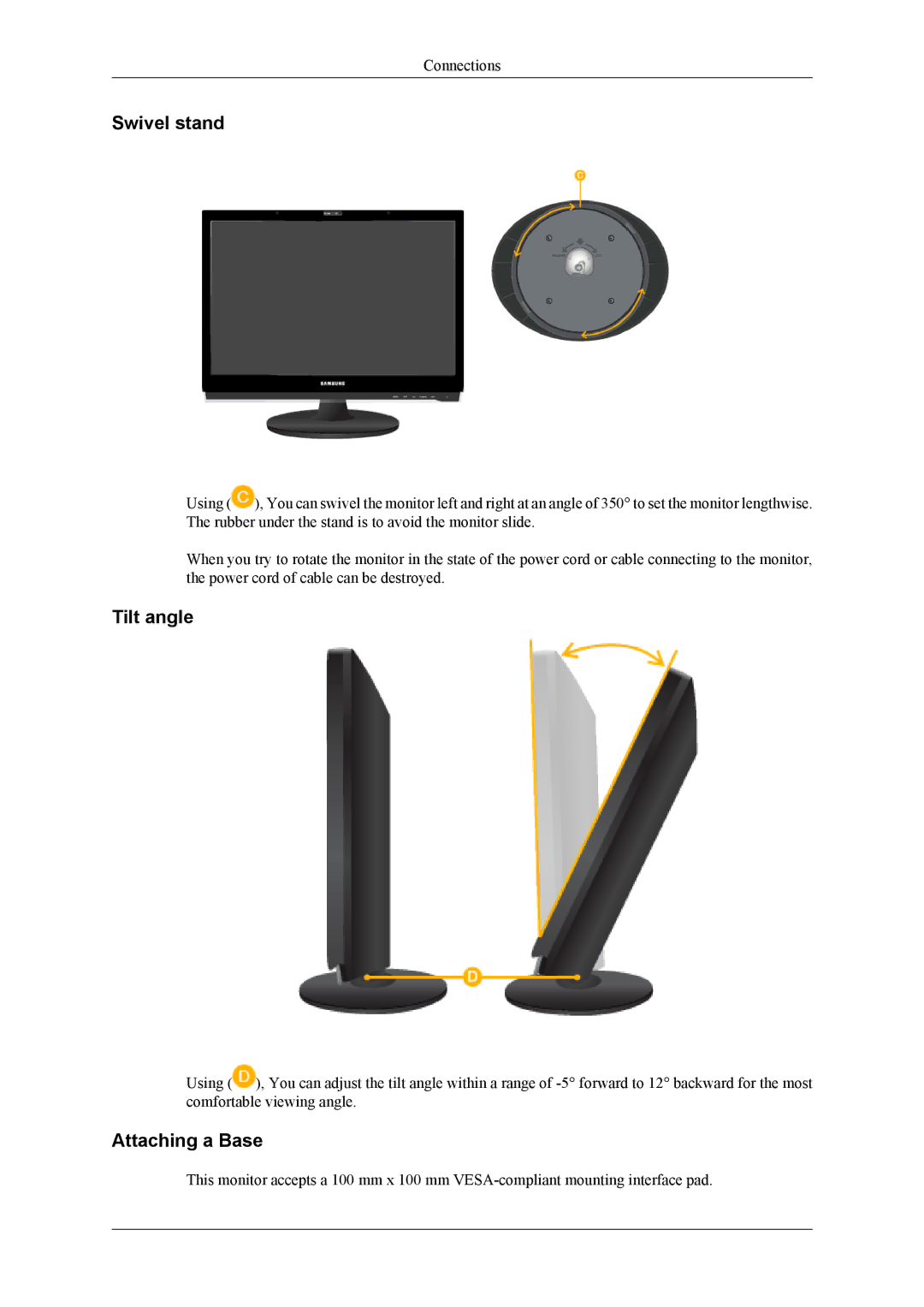 Samsung 2263DX user manual Swivel stand, Tilt angle, Attaching a Base 