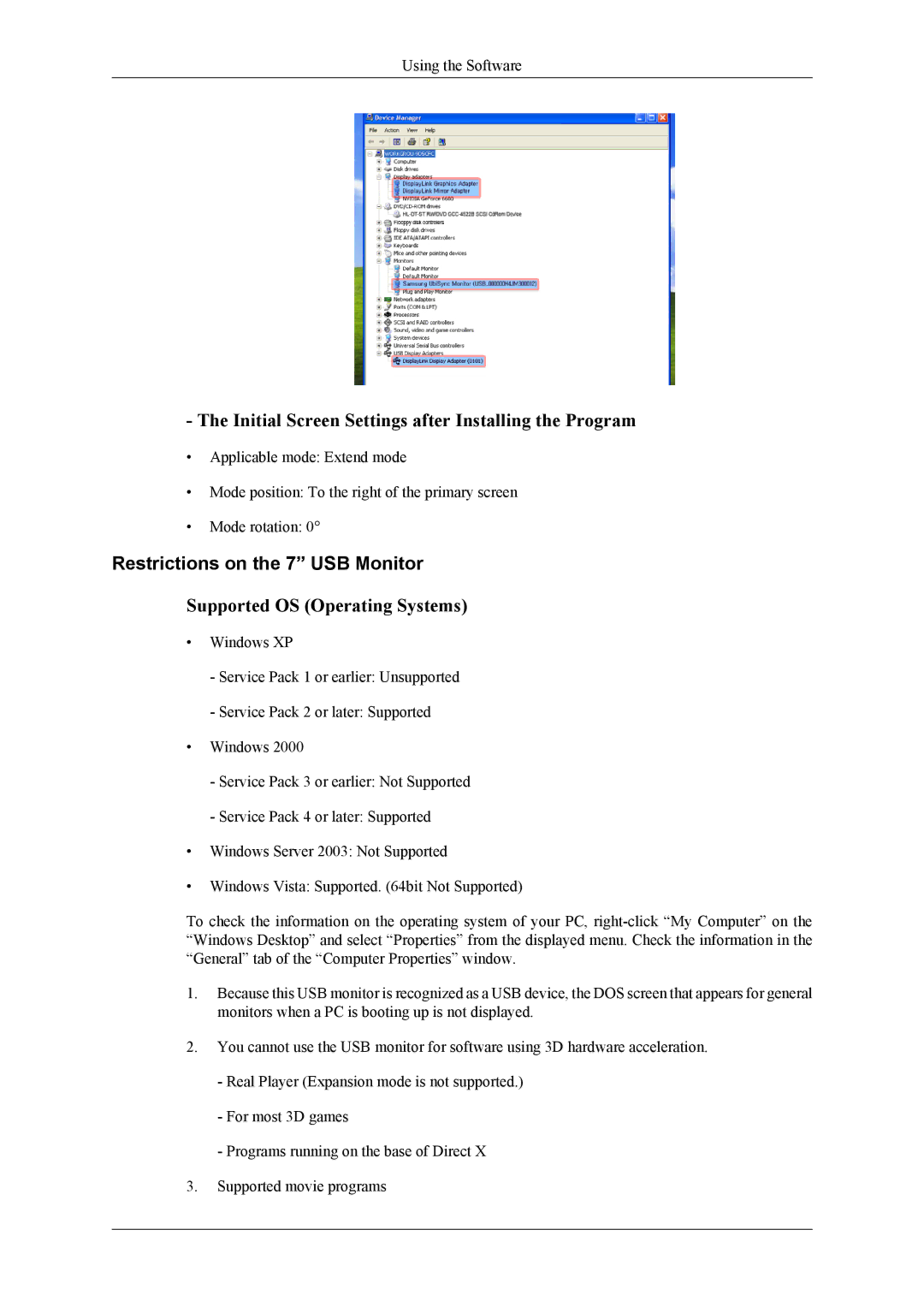 Samsung 2263DX user manual Initial Screen Settings after Installing the Program, Restrictions on the 7 USB Monitor 