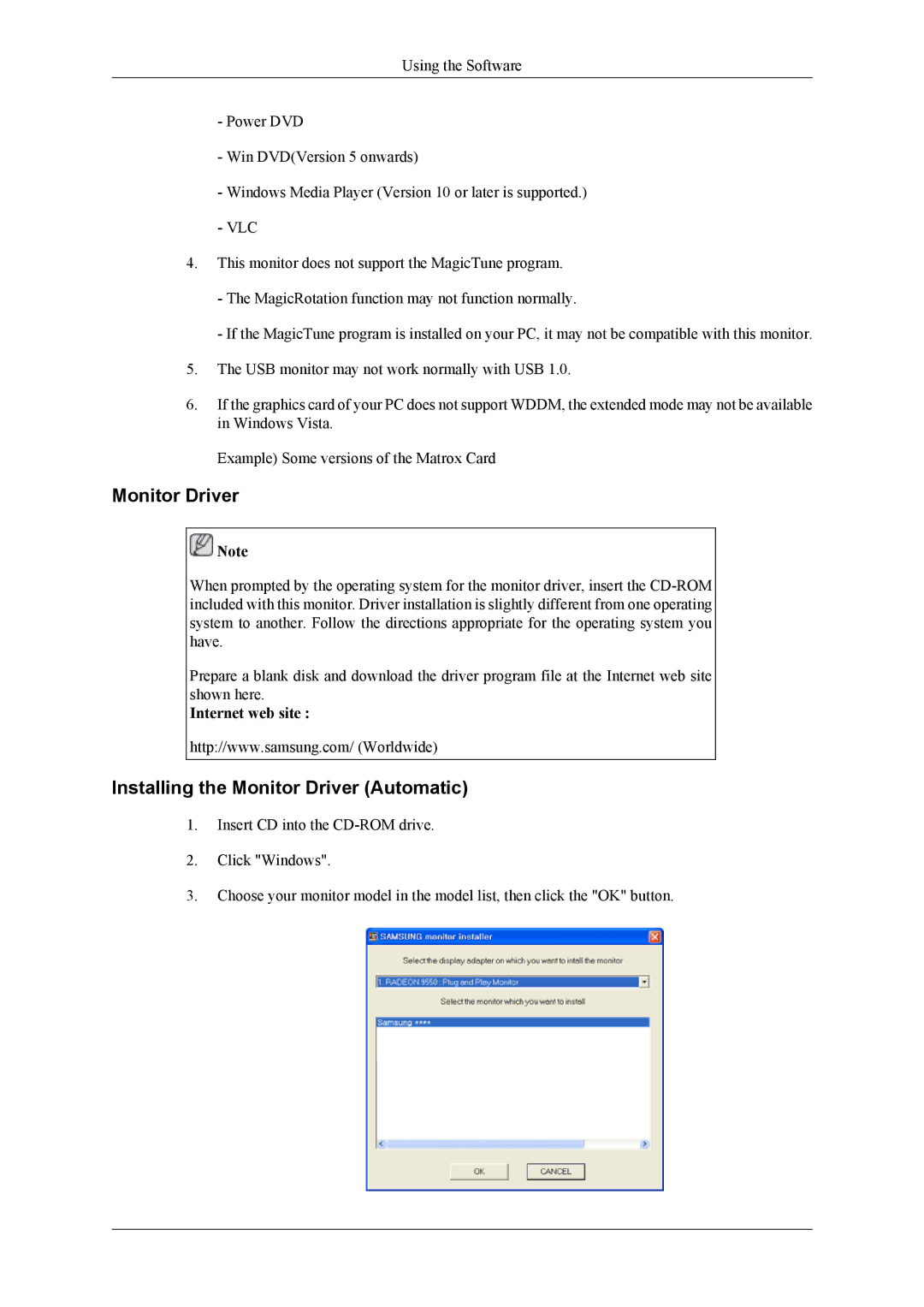 Samsung 2263DX user manual Installing the Monitor Driver Automatic, Internet web site 