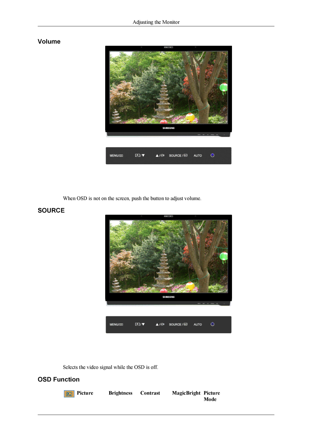 Samsung 2263DX user manual Volume, OSD Function, Picture Brightness Contrast MagicBright Picture Mode 