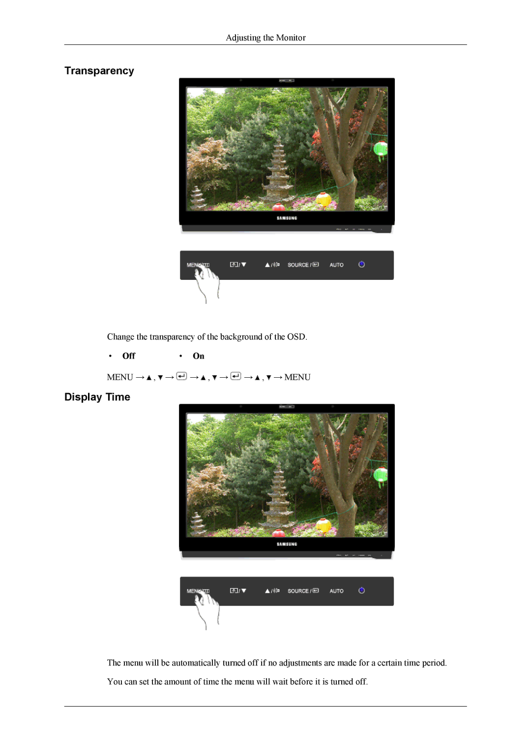 Samsung 2263DX user manual Transparency, Display Time, Off On 