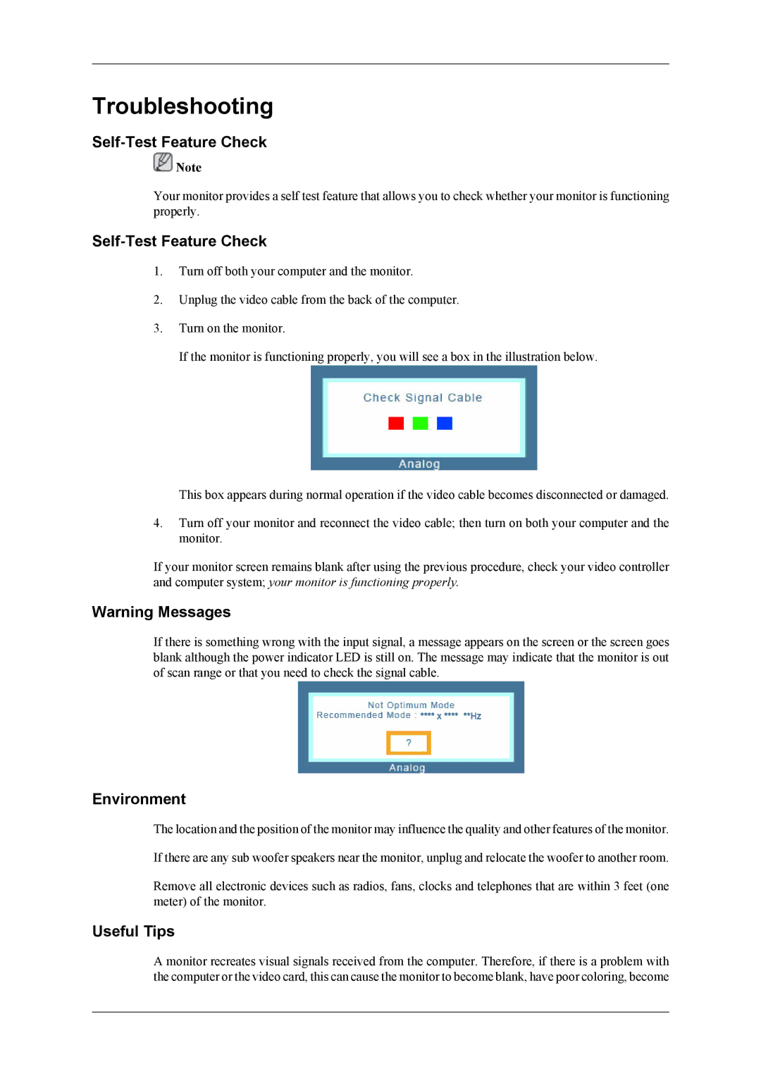 Samsung 2263DX user manual Troubleshooting, Self-Test Feature Check, Environment, Useful Tips 