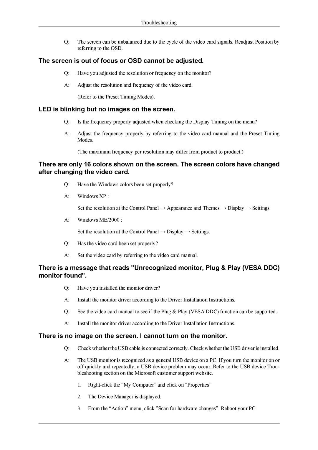 Samsung 2263DX user manual Screen is out of focus or OSD cannot be adjusted, LED is blinking but no images on the screen 