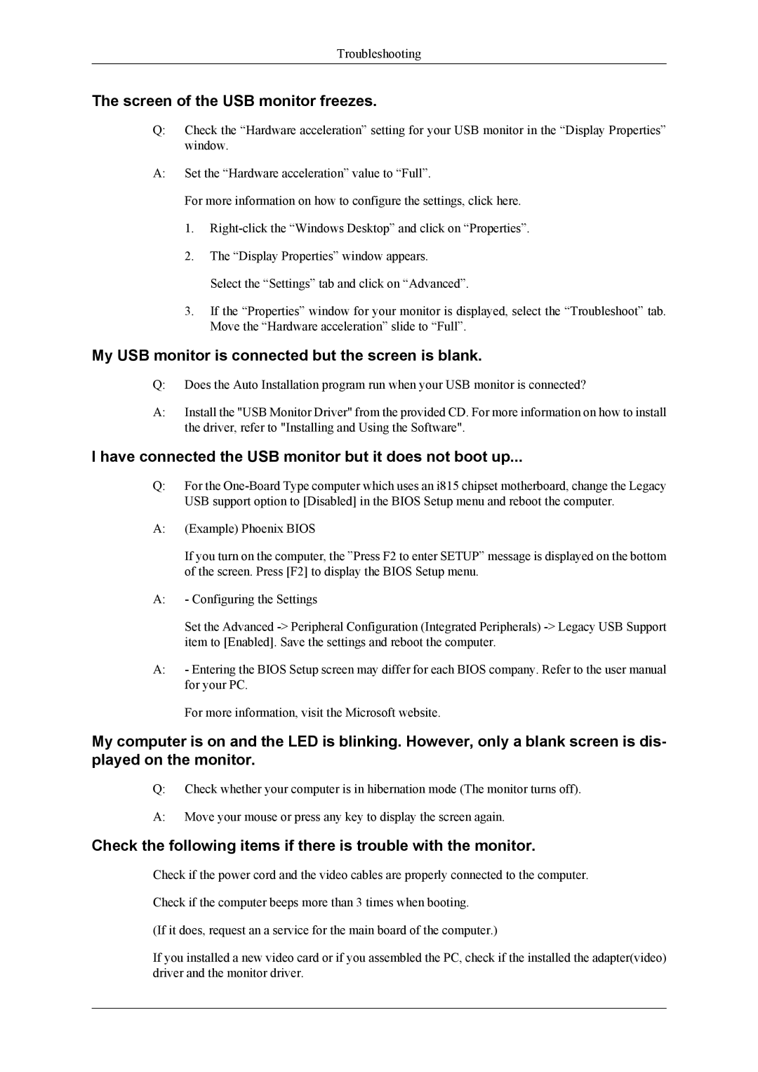 Samsung 2263DX user manual Screen of the USB monitor freezes, My USB monitor is connected but the screen is blank 