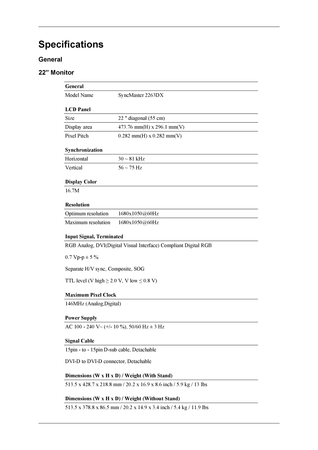 Samsung 2263DX user manual Specifications, General Monitor 