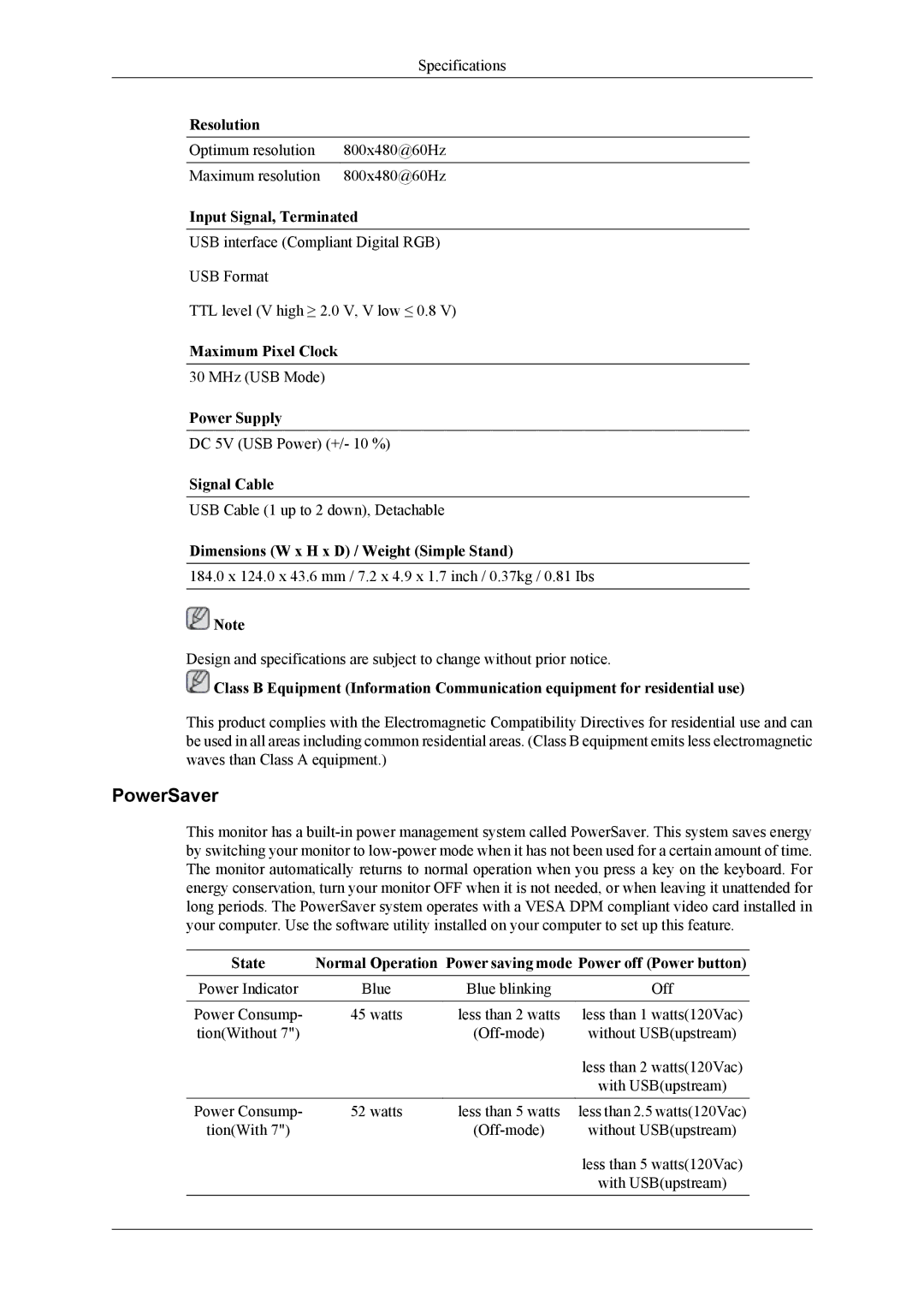 Samsung 2263DX user manual PowerSaver, Dimensions W x H x D / Weight Simple Stand 