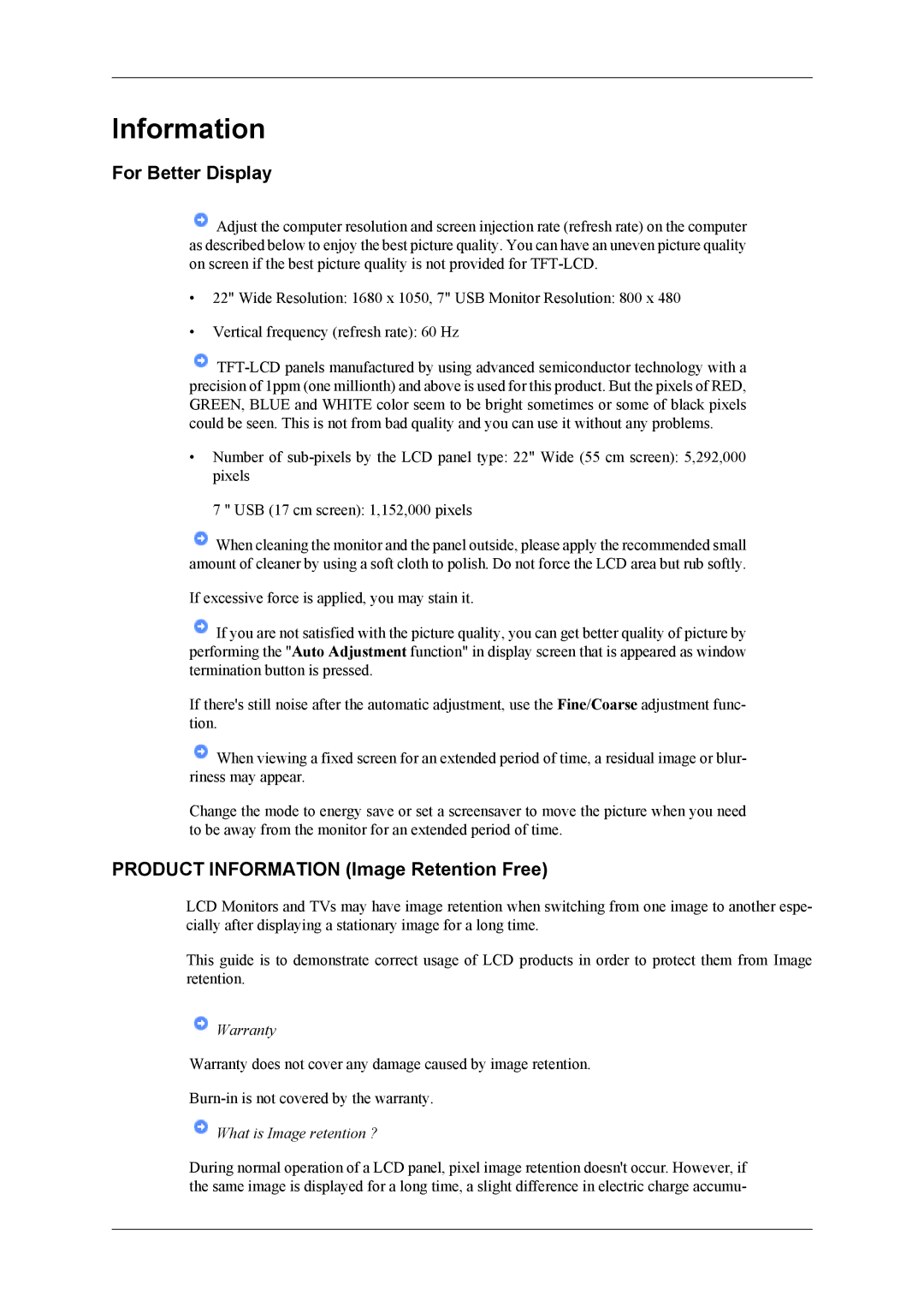 Samsung 2263DX user manual For Better Display, Product Information Image Retention Free 