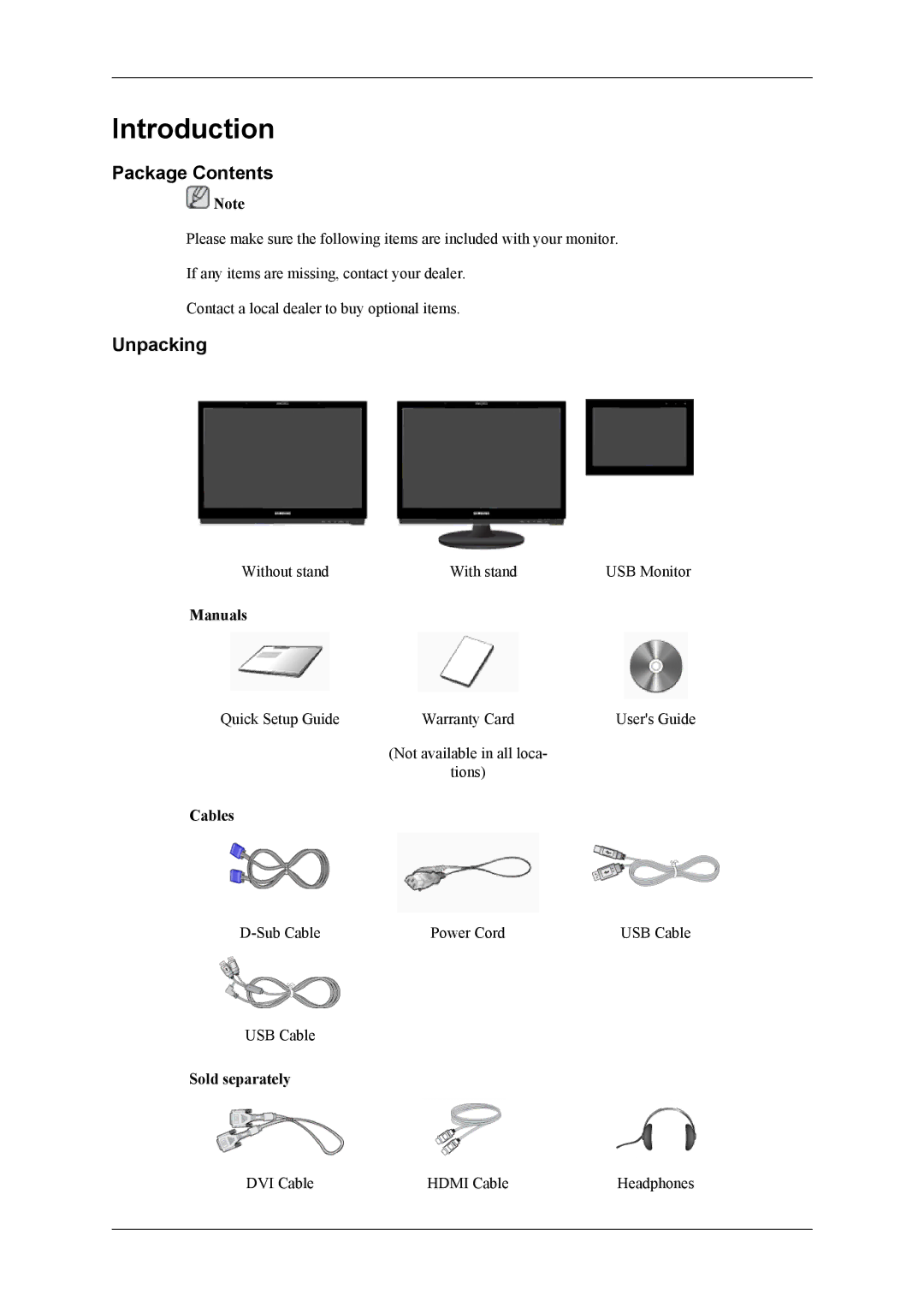 Samsung 2263DX user manual Introduction, Package Contents, Unpacking 