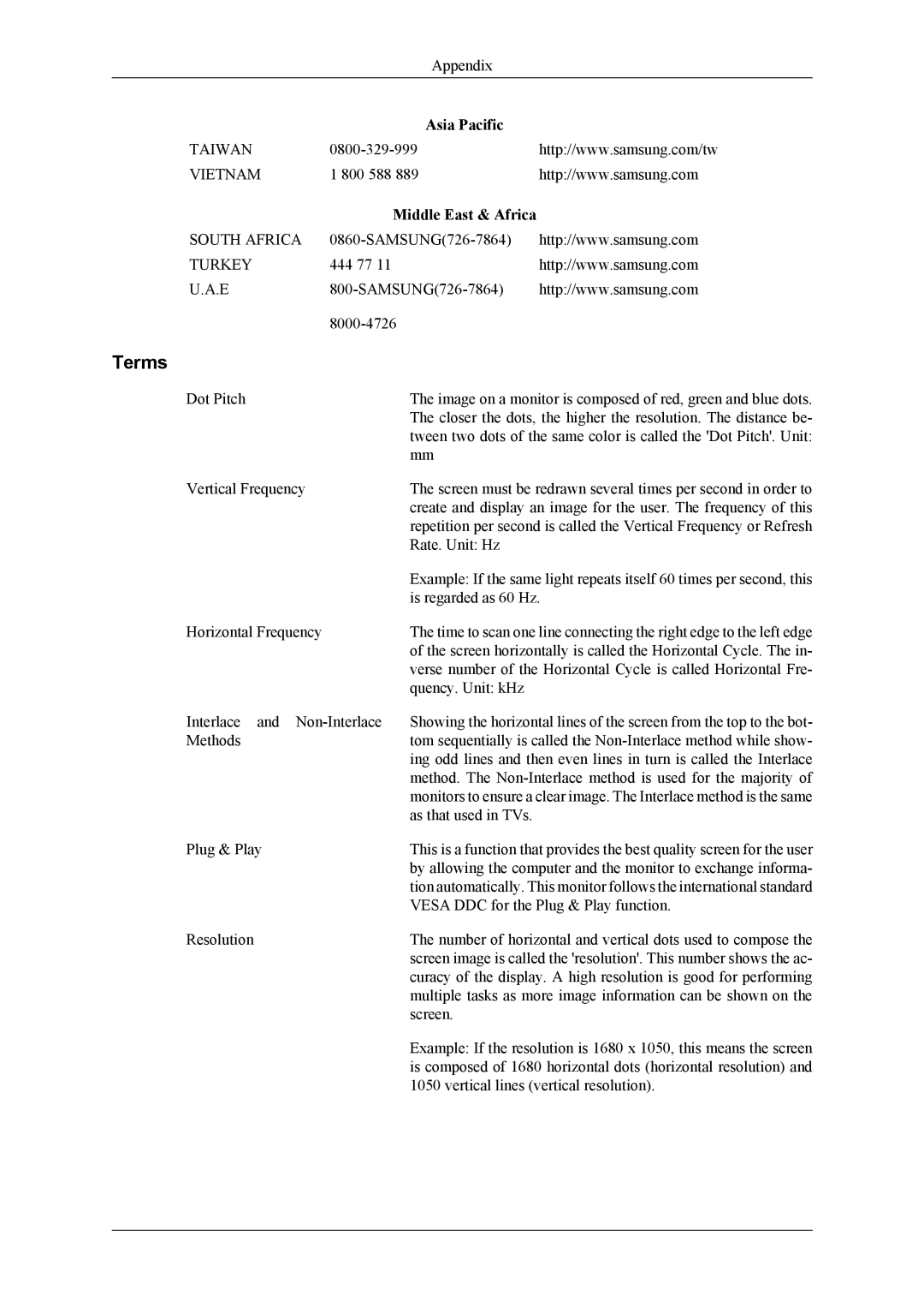 Samsung 2263DX user manual Terms, Middle East & Africa 