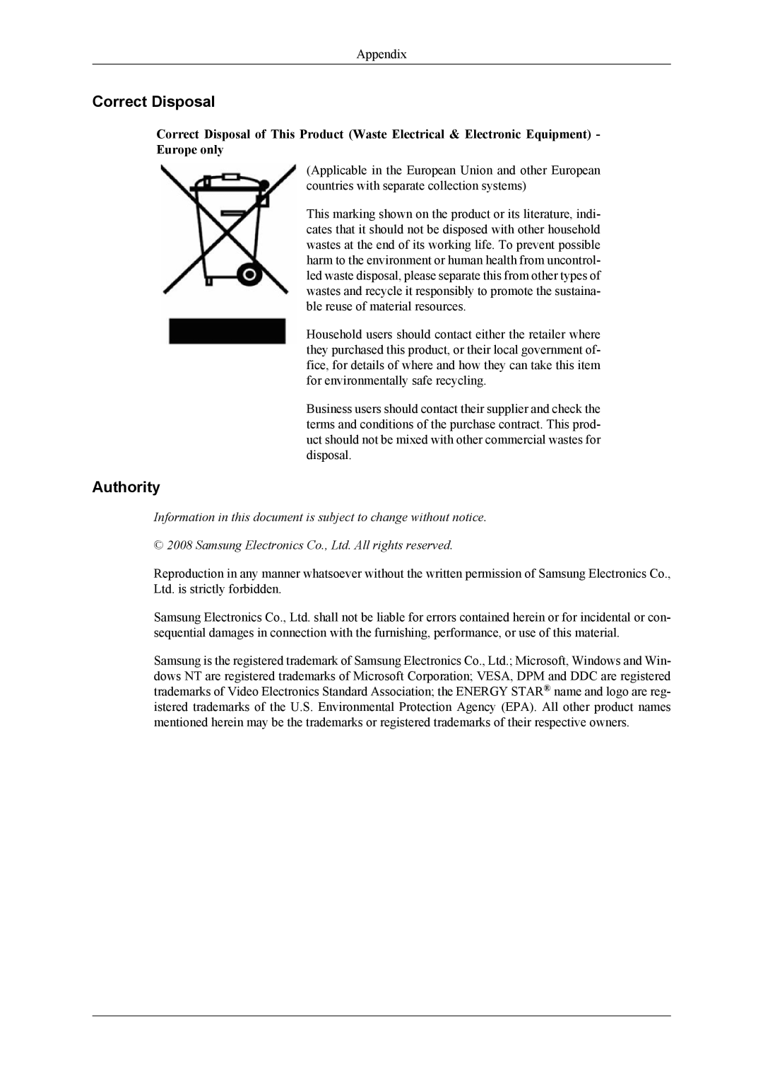 Samsung 2263DX user manual Correct Disposal, Authority 