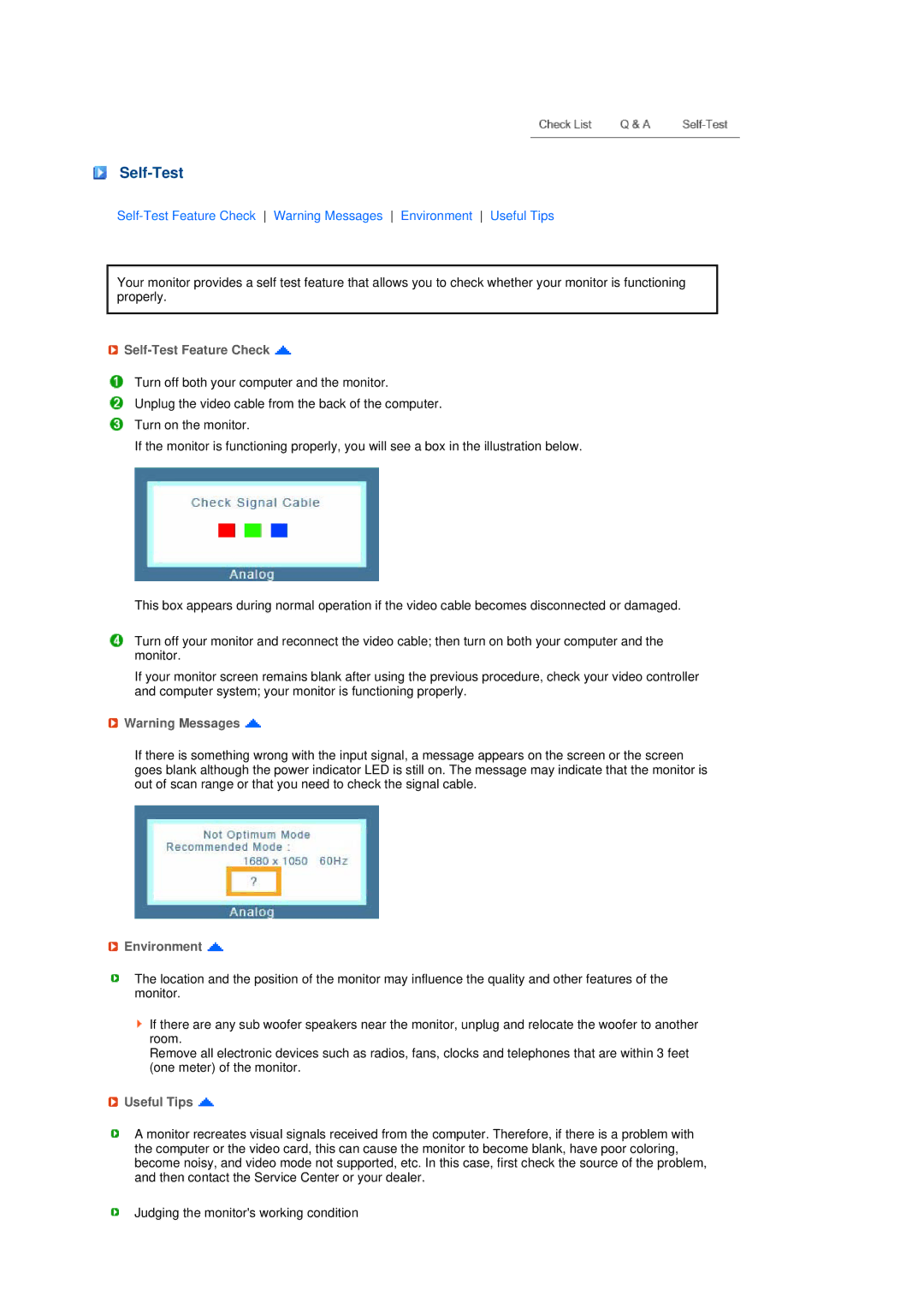 Samsung 206BW, 226BW manual Self-Test Feature Check, Environment, Useful Tips 