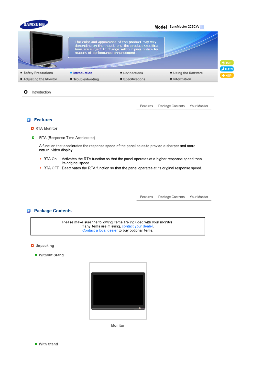 Samsung 226CW manual Features, Package Contents 