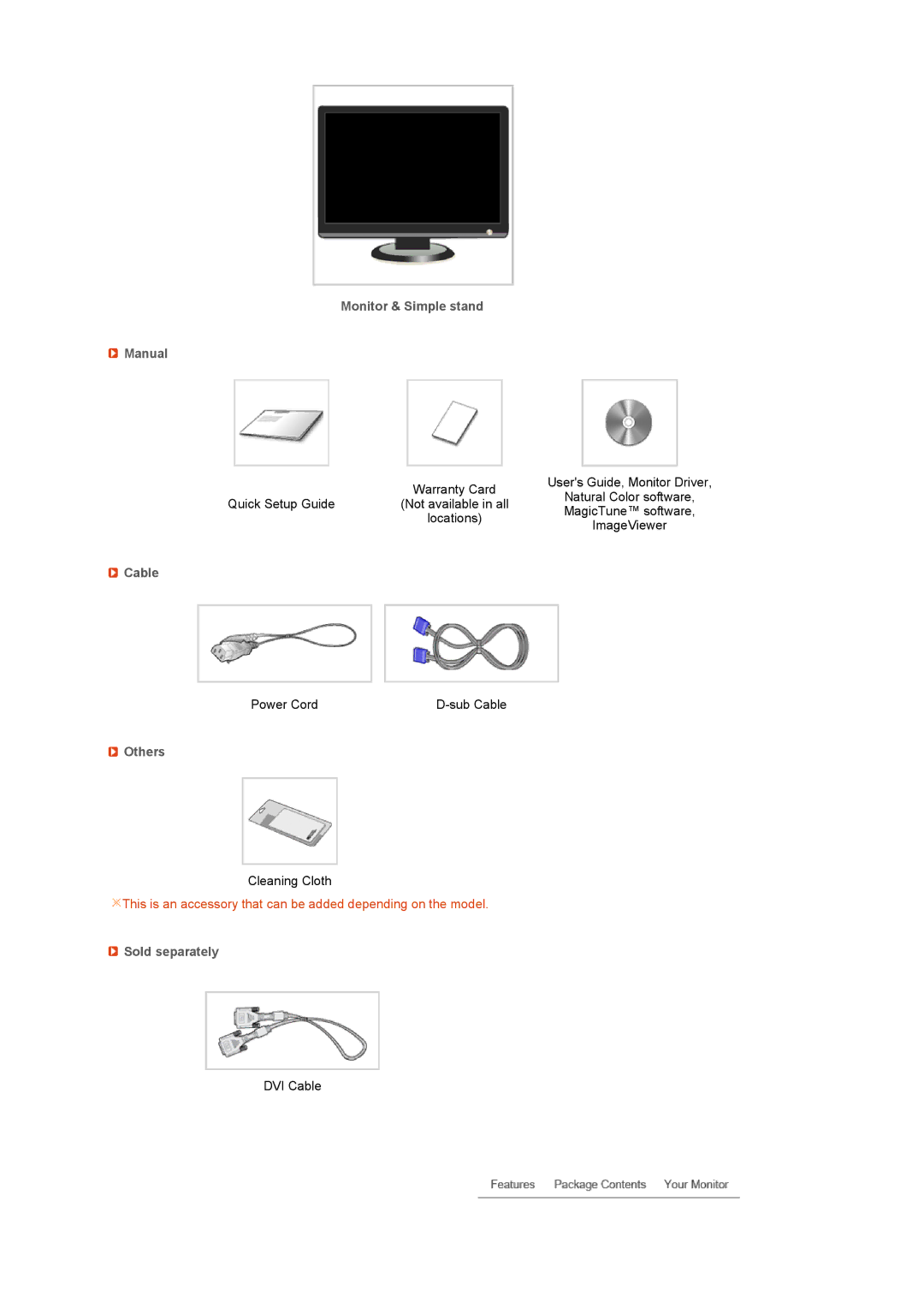 Samsung 226CW manual Monitor & Simple stand Manual, Cable, Others, Sold separately 