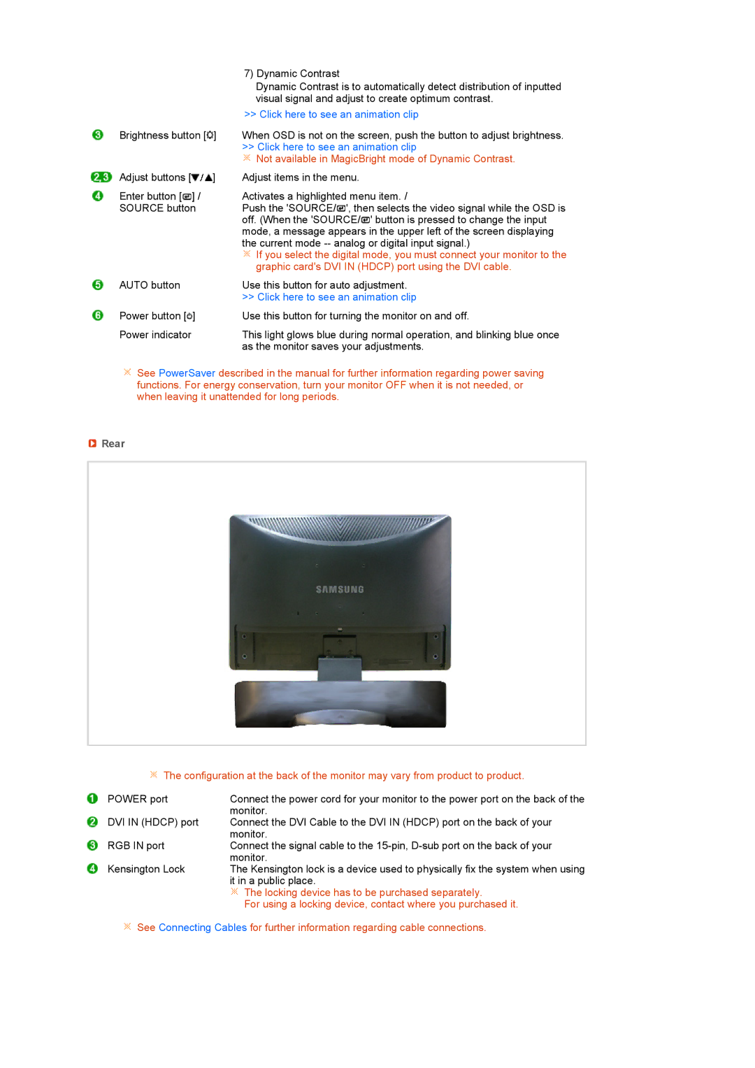 Samsung 226CW manual Not available in MagicBright mode of Dynamic Contrast, Rear 