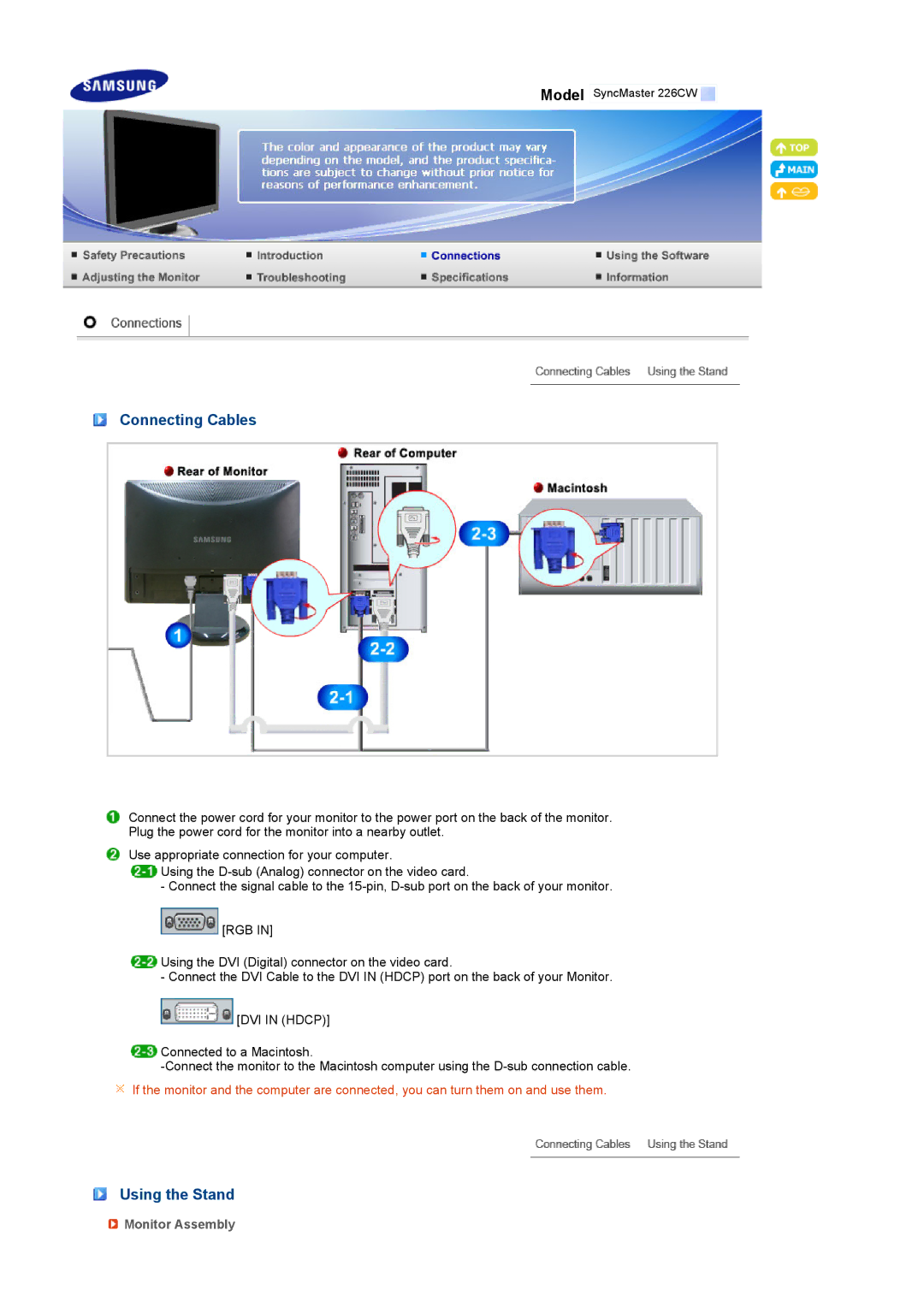 Samsung 226CW manual Connecting Cables, Using the Stand, Monitor Assembly 