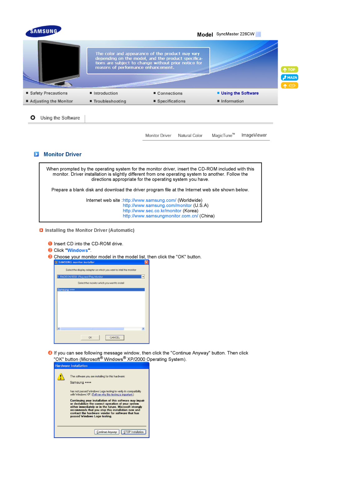 Samsung 226CW manual Installing the Monitor Driver Automatic 