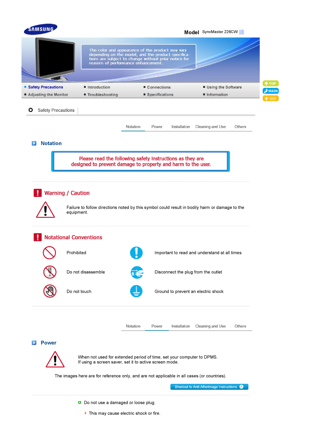 Samsung 226CW manual Notation, Power 