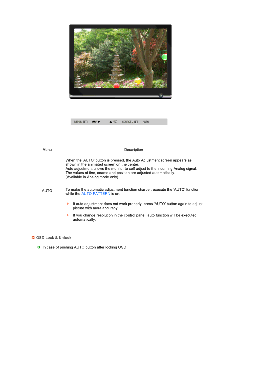 Samsung 226CW manual Auto, OSD Lock & Unlock 