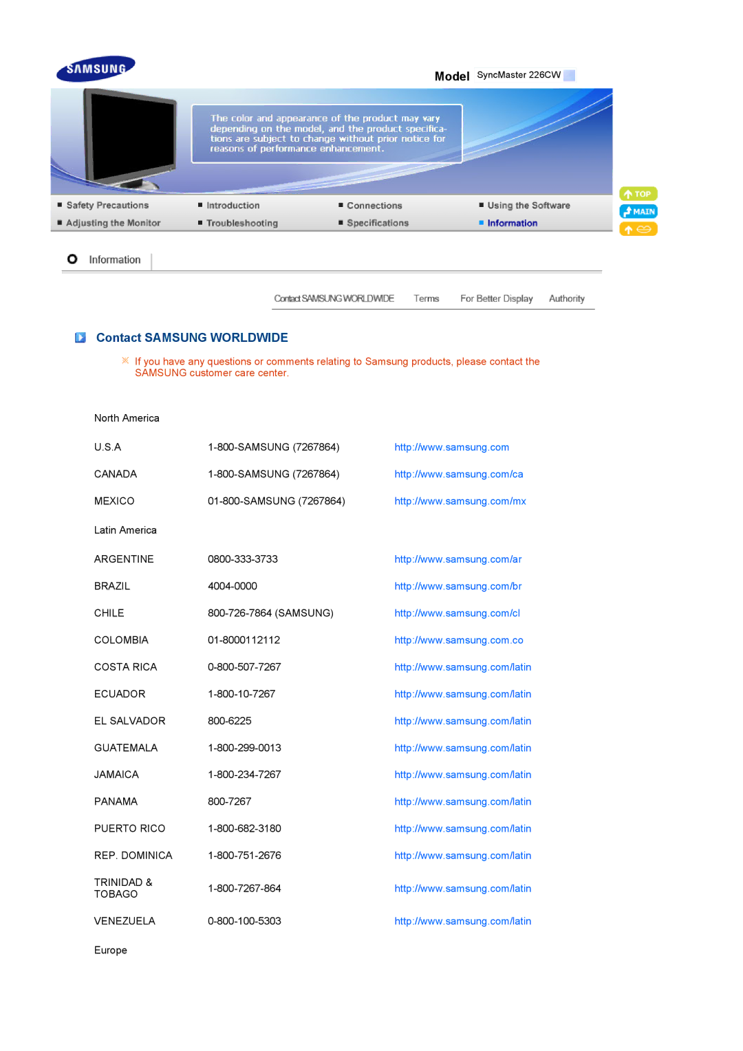 Samsung 226CW manual Contact Samsung Worldwide 