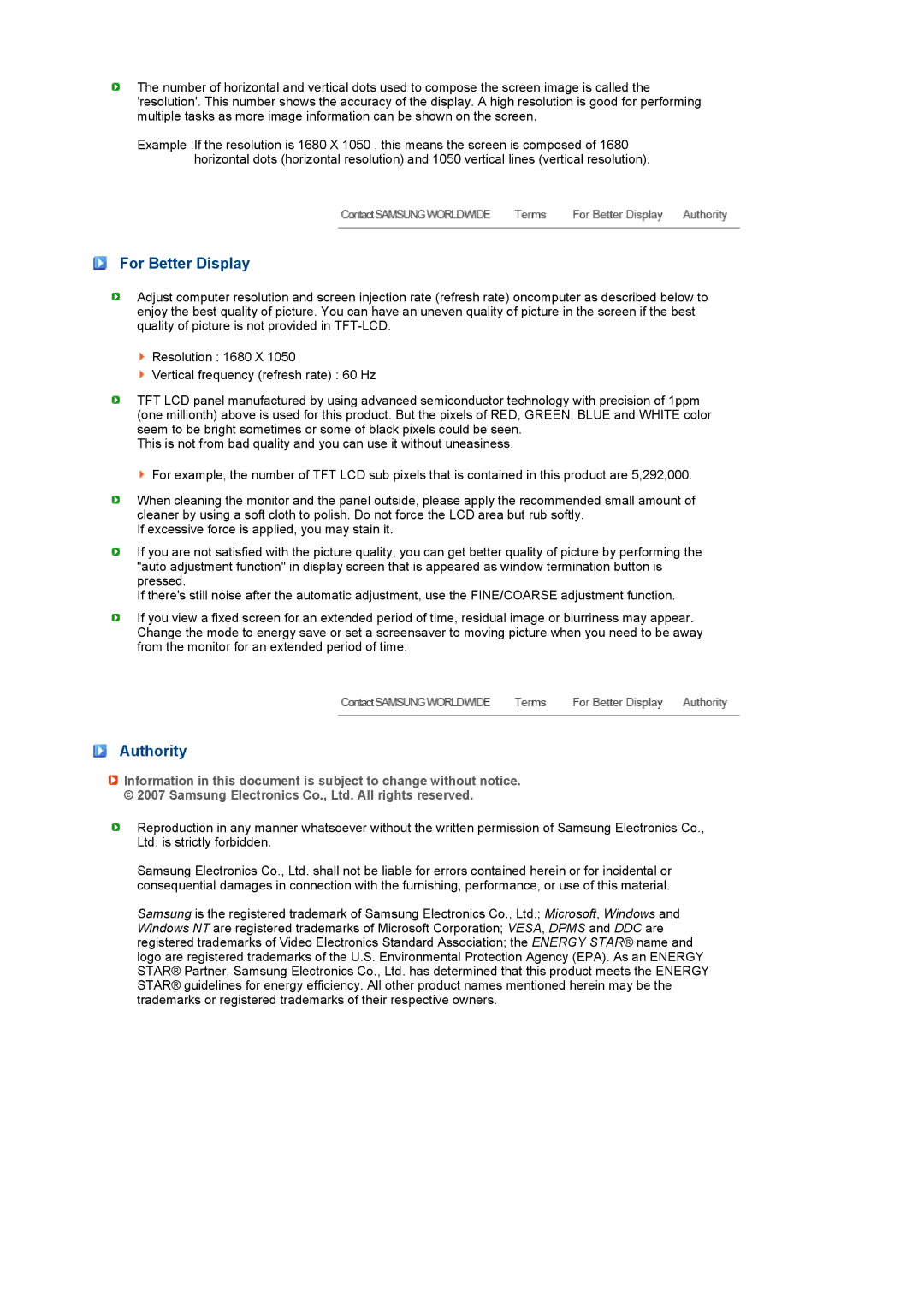 Samsung 226CW manual For Better Display, Authority 