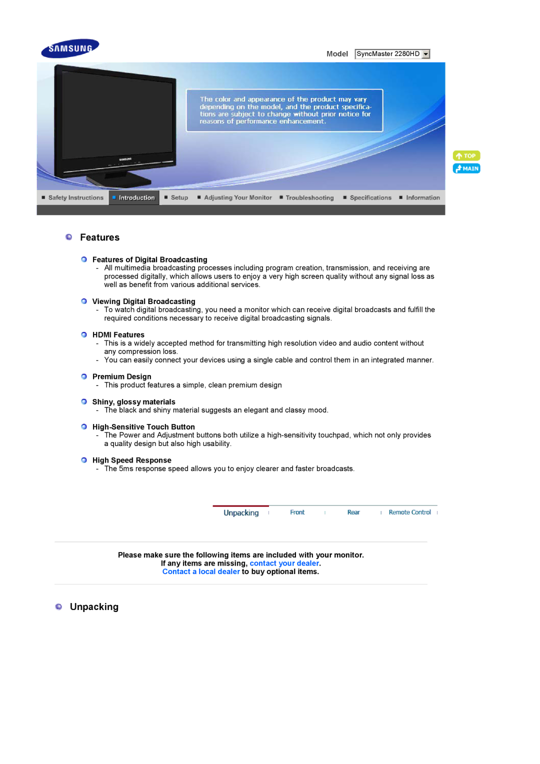 Samsung 2280HD manual Features, Unpacking 