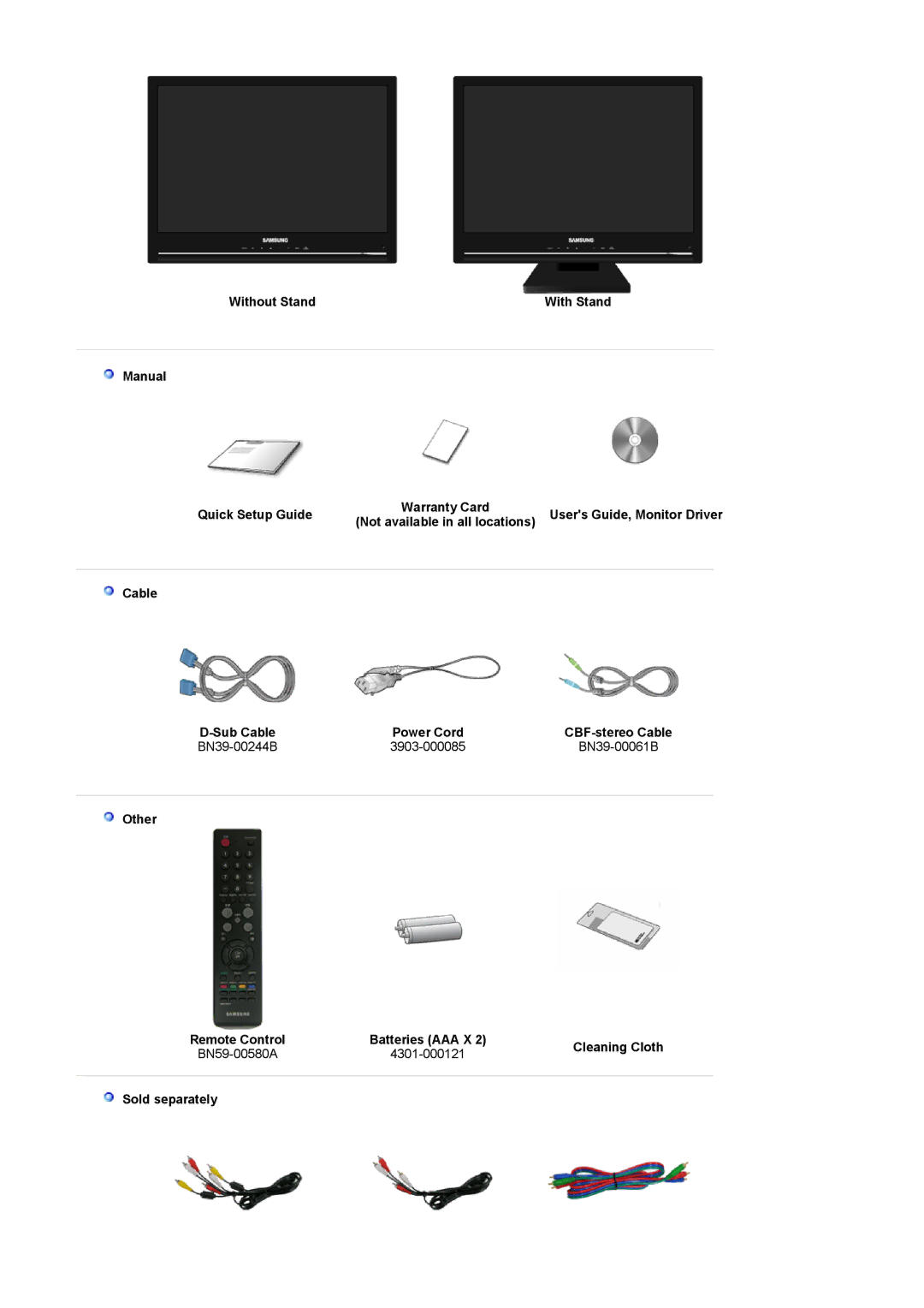 Samsung 2280HD manual Without Stand, Manual Quick Setup Guide, Cable Sub Cable Power Cord 