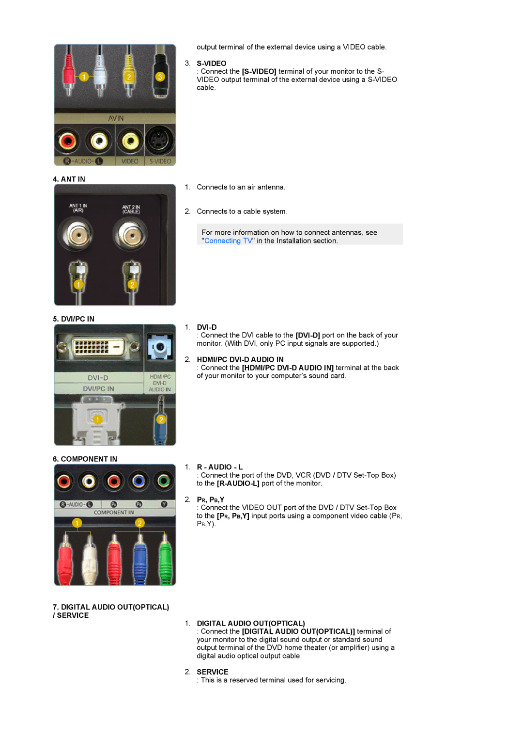 Samsung 2280HD manual Ant, Dvi/Pc, HDMI/PC DVI-D Audio, Component, Digital Audio Outoptical / Service 