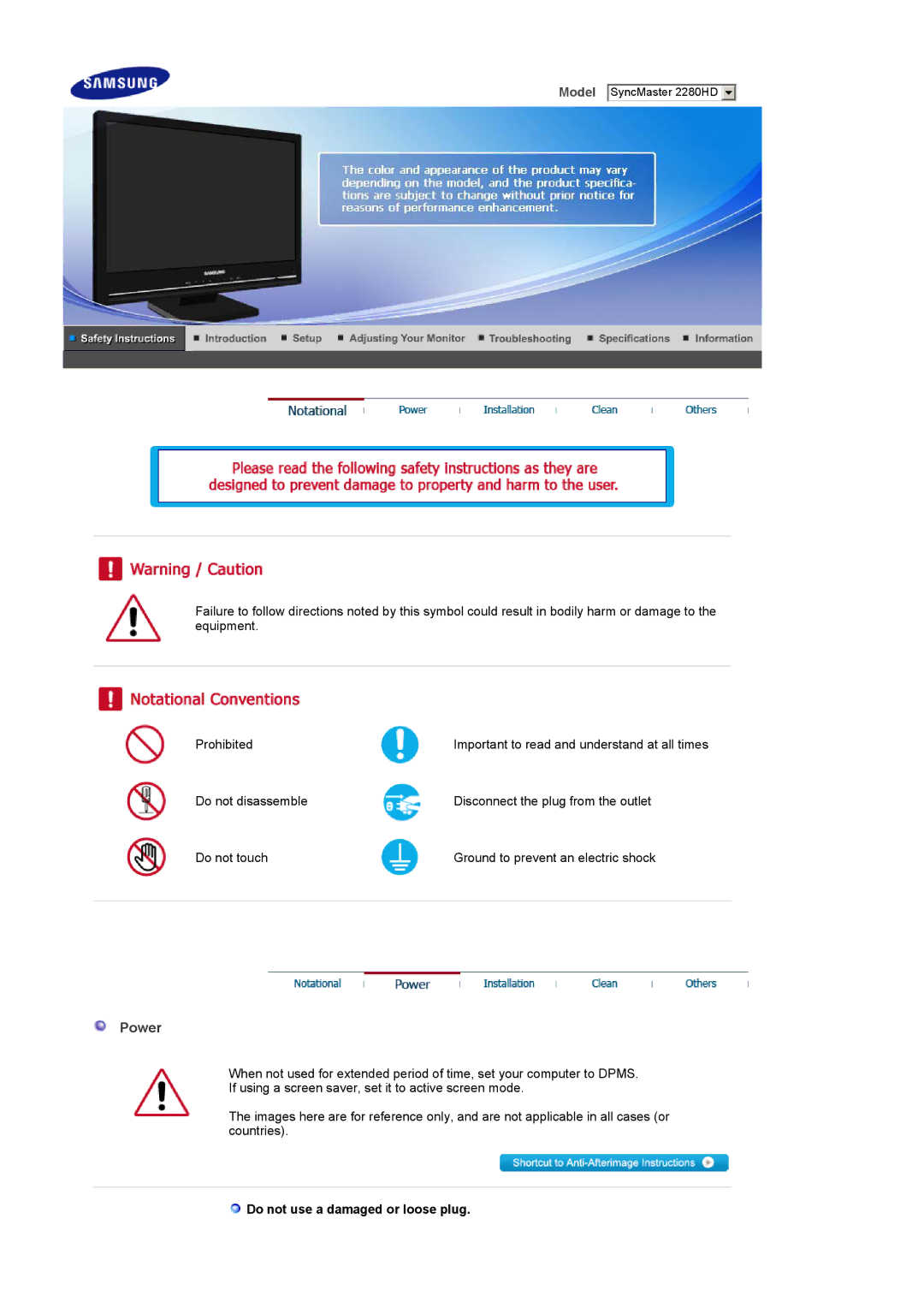 Samsung 2280HD manual Power, Do not use a damaged or loose plug 