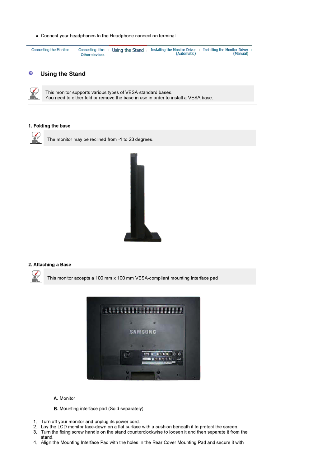 Samsung 2280HD manual Using the Stand, Folding the base, Attaching a Base 