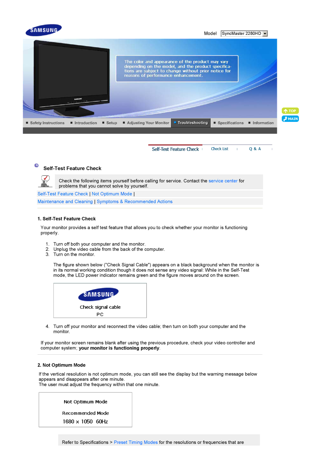 Samsung 2280HD manual Self-Test Feature Check, Not Optimum Mode 