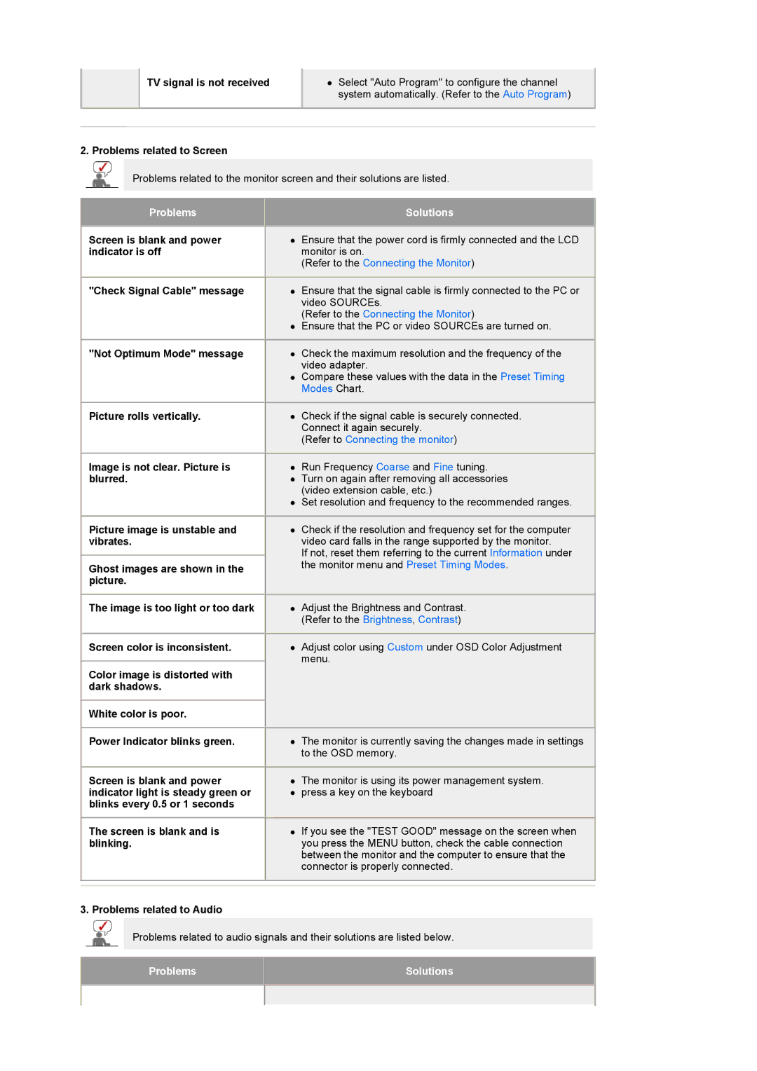 Samsung 2280HD manual TV signal is not received, Problems related to Screen, Screen is blank and is blinking 