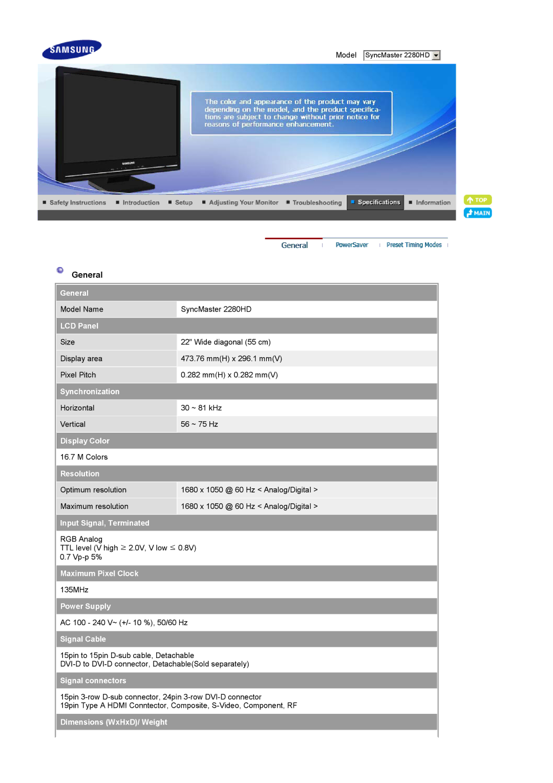 Samsung 2280HD manual General 