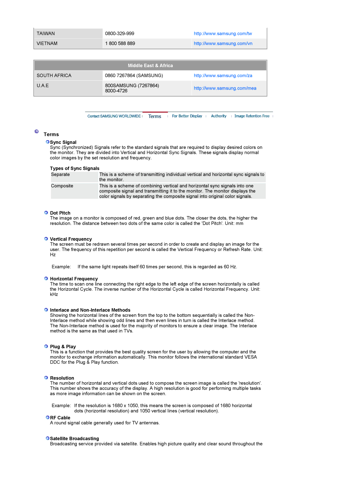 Samsung 2280HD manual Terms, Middle East & Africa 