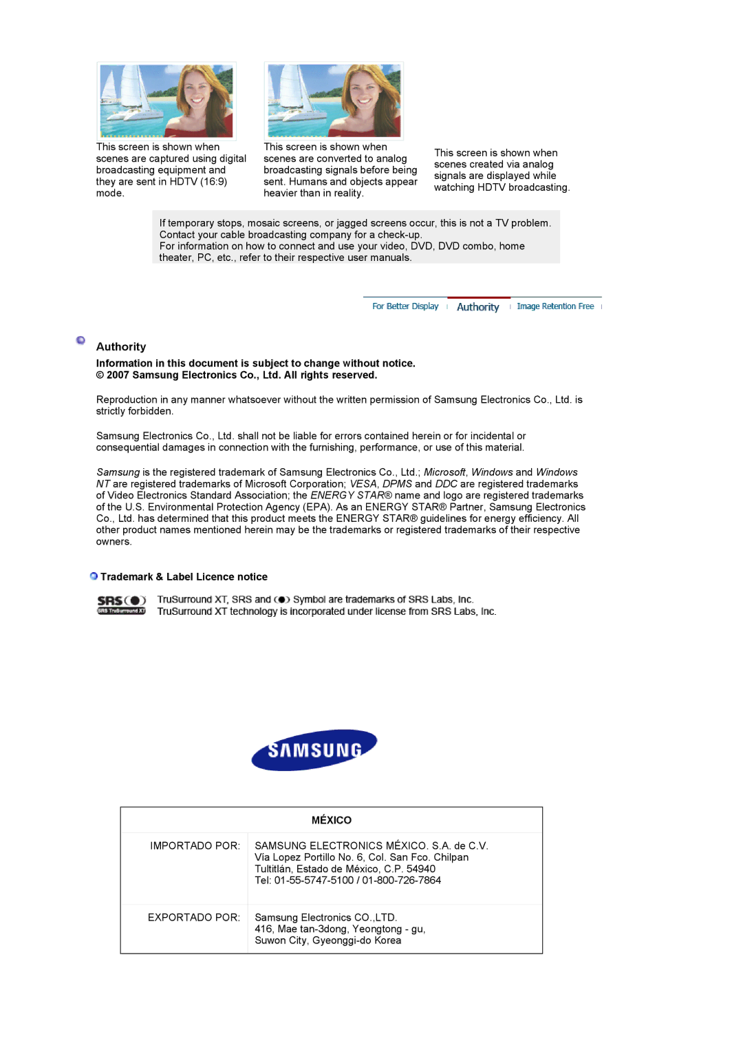 Samsung 2280HD manual Authority, Trademark & Label Licence notice, México 