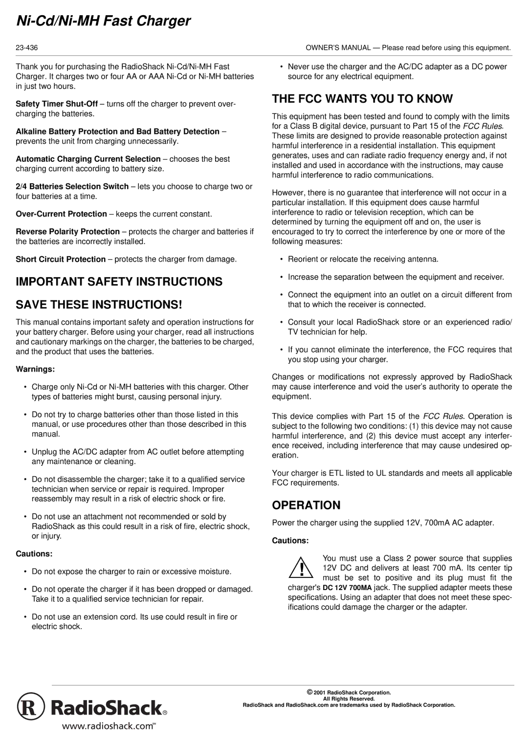 Samsung 23-436 important safety instructions Ni-Cd/Ni-MH Fast Charger, Important Safety Instructions, Operation 